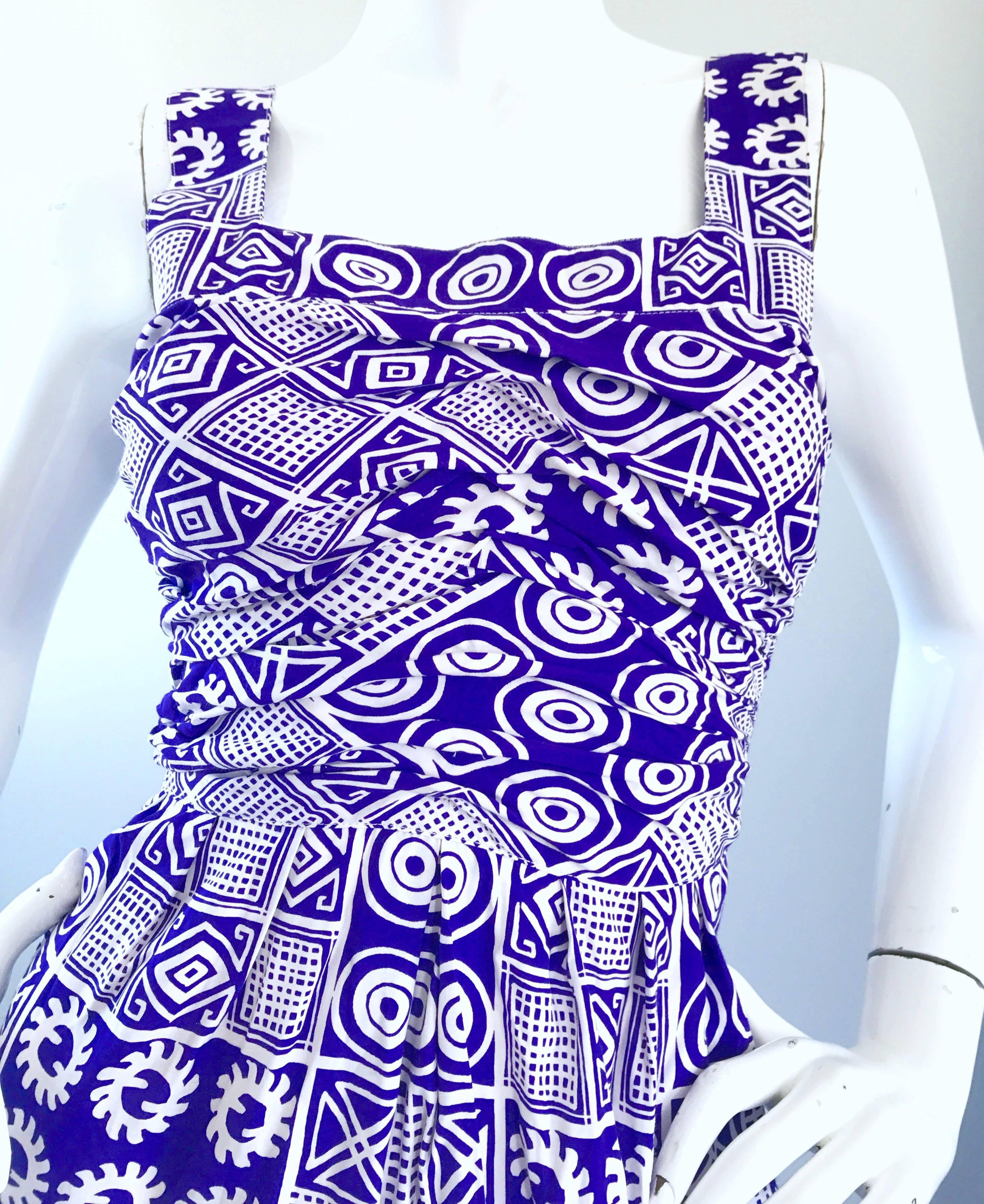 Christian Lacroix Vintage Purple and White Tribal Print Open Back Dress, 1990s  2