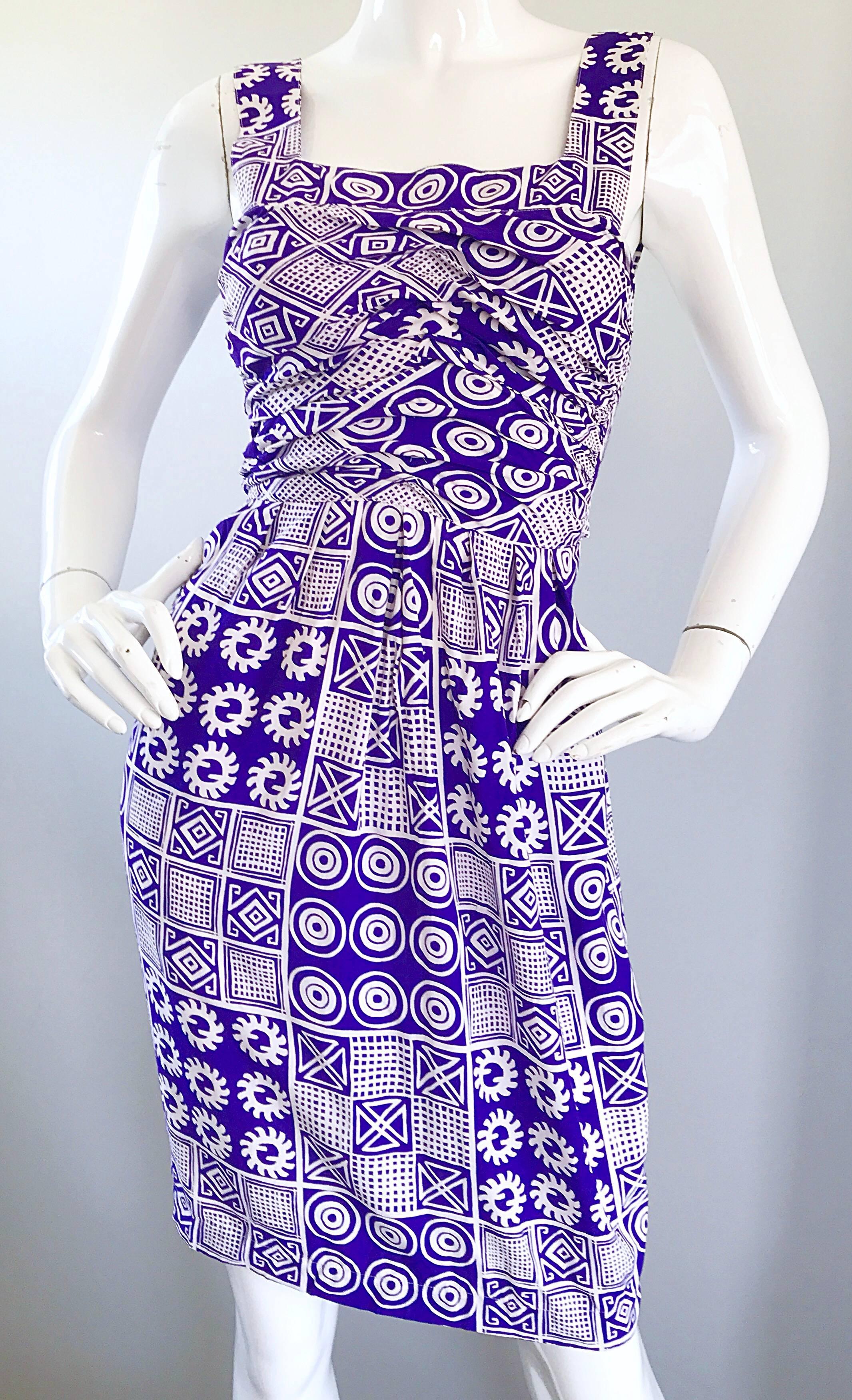 Christian Lacroix Vintage Purple and White Tribal Print Open Back Dress, 1990s  1
