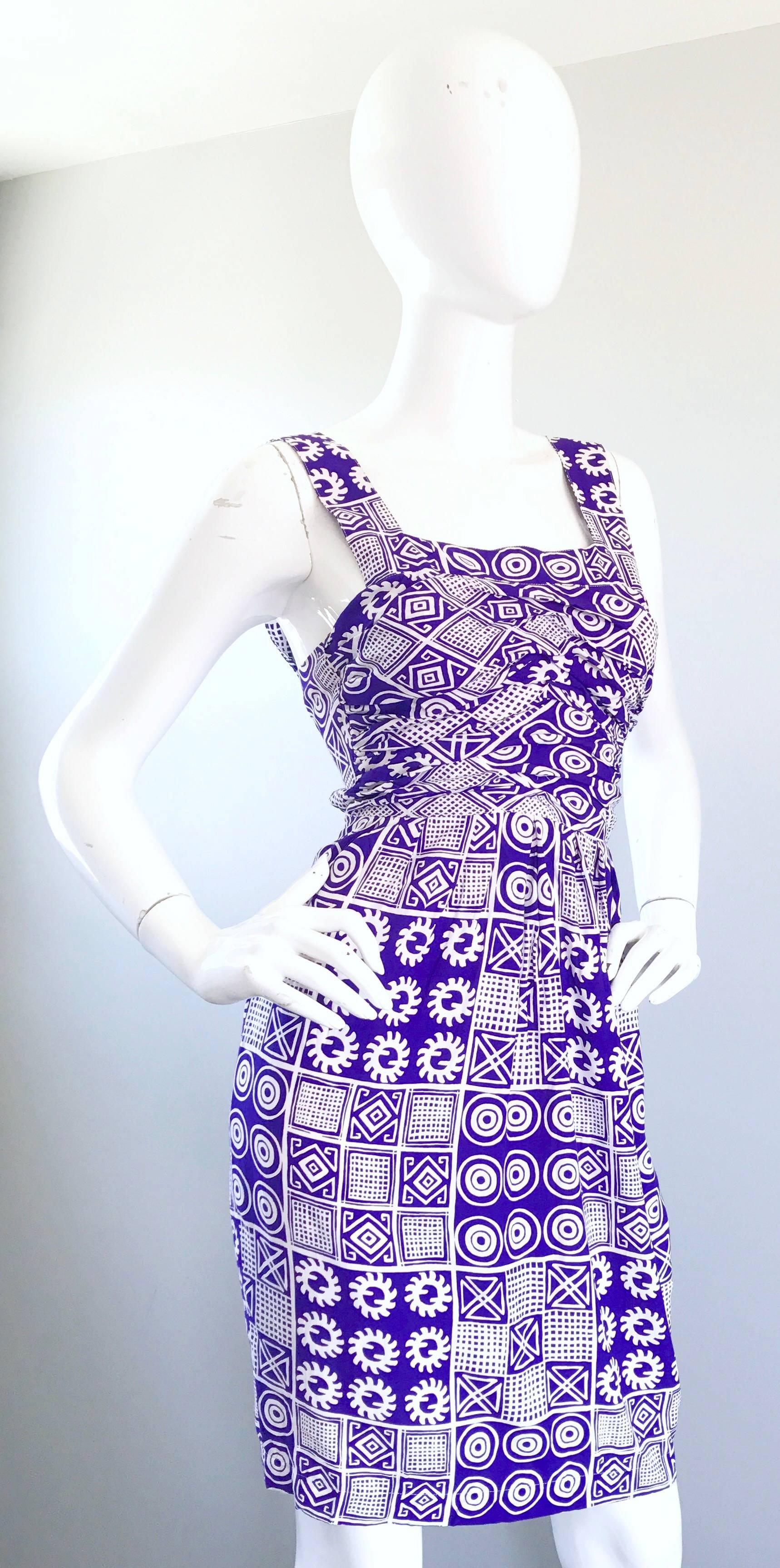 Christian Lacroix Vintage Purple and White Tribal Print Open Back Dress, 1990s  4