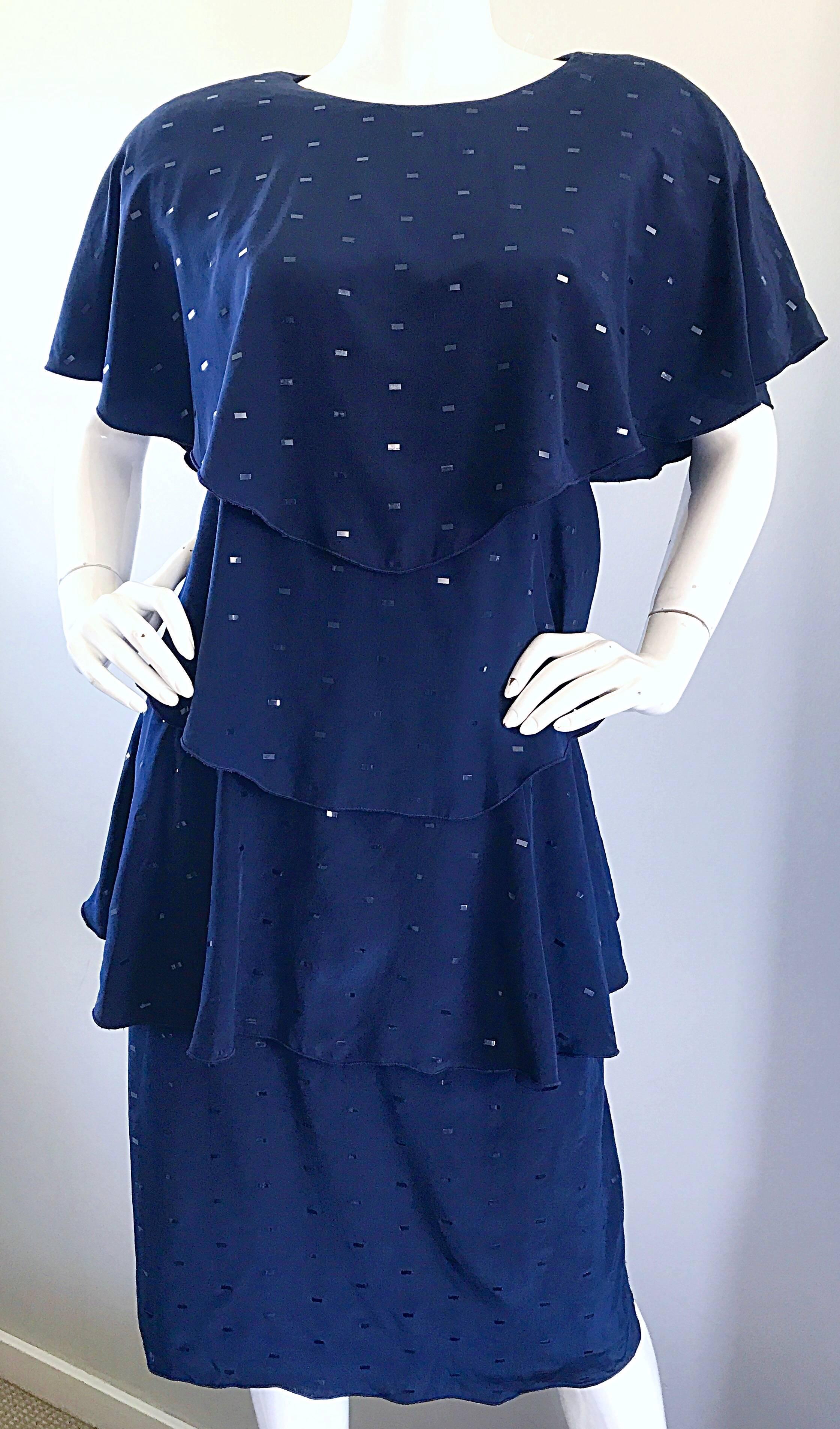 Women's Vintage Holly's Harp Size Large Navy Blue Sequin Flapper Inispired Silk Dress  For Sale