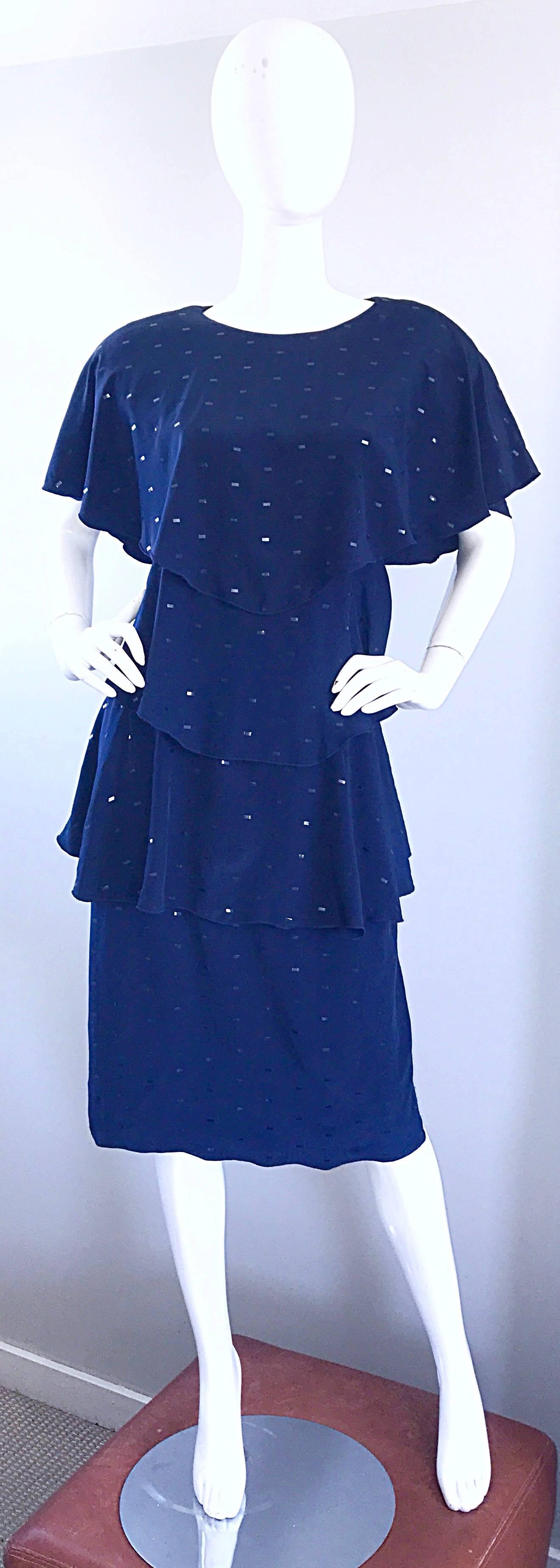 Vintage Holly's Harp Size Large Navy Blue Sequin Flapper Inispired Silk Dress  For Sale 3