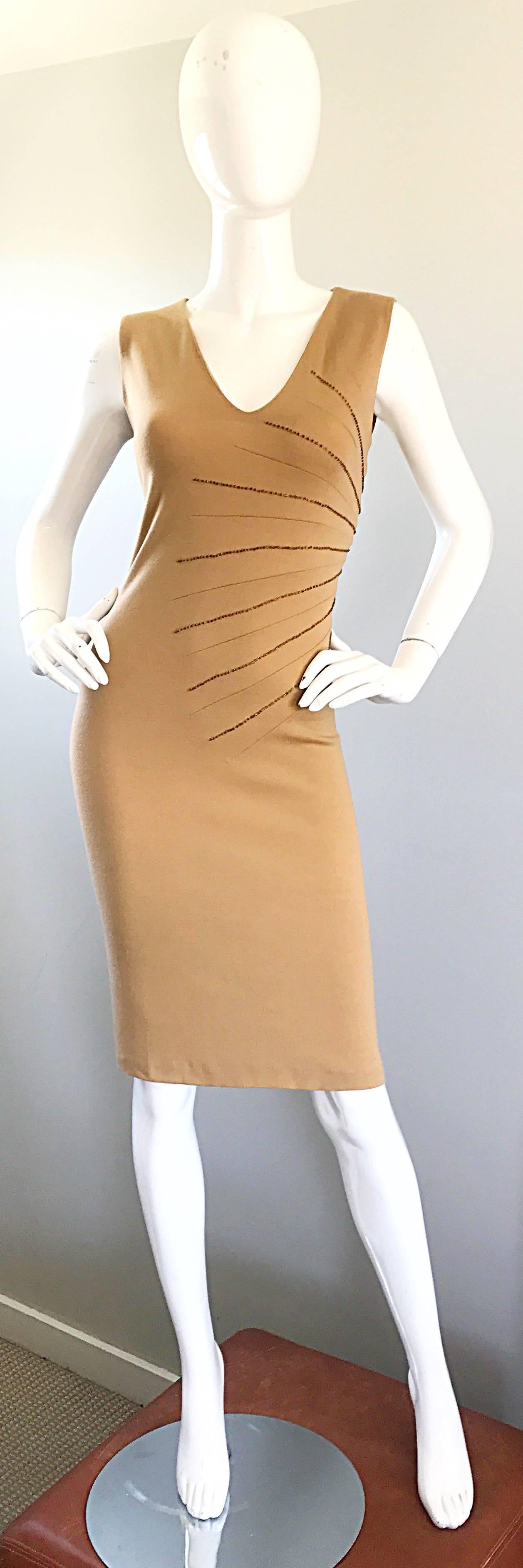 Chic 1990s ALESSANDRO DELL'ACQUA tan / caramel wool beaded dress! Features a 'sunburst' pattern of amber brown beads on the left side. Hidden zipper up the back with hook-and-eye closure. Fantastic flattering fit hugs the body in all the right