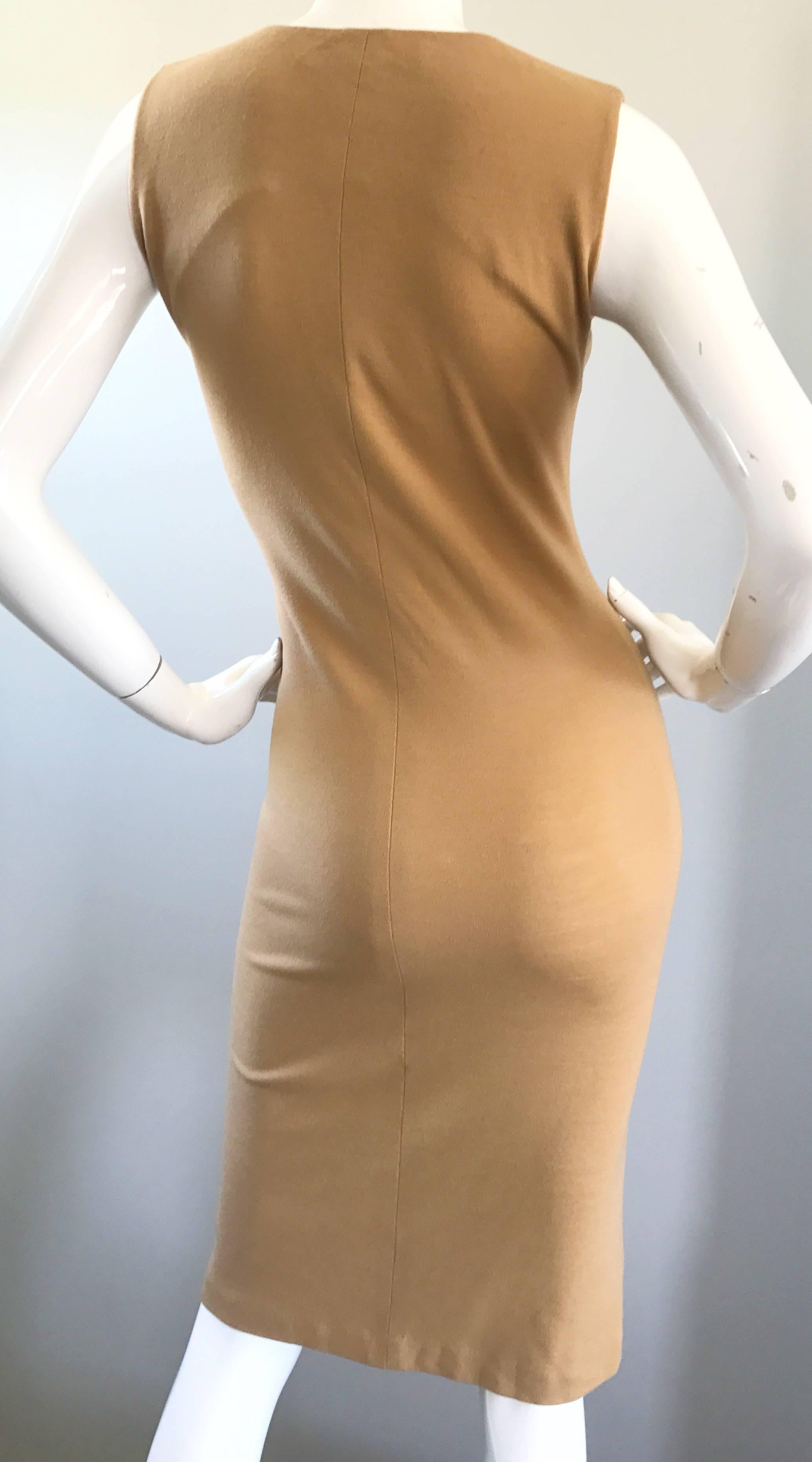 Alessandro Dell'Acqua 1990s Tan Carmael Wool Vintage 90s Beaded Sleeveless Dress For Sale 2