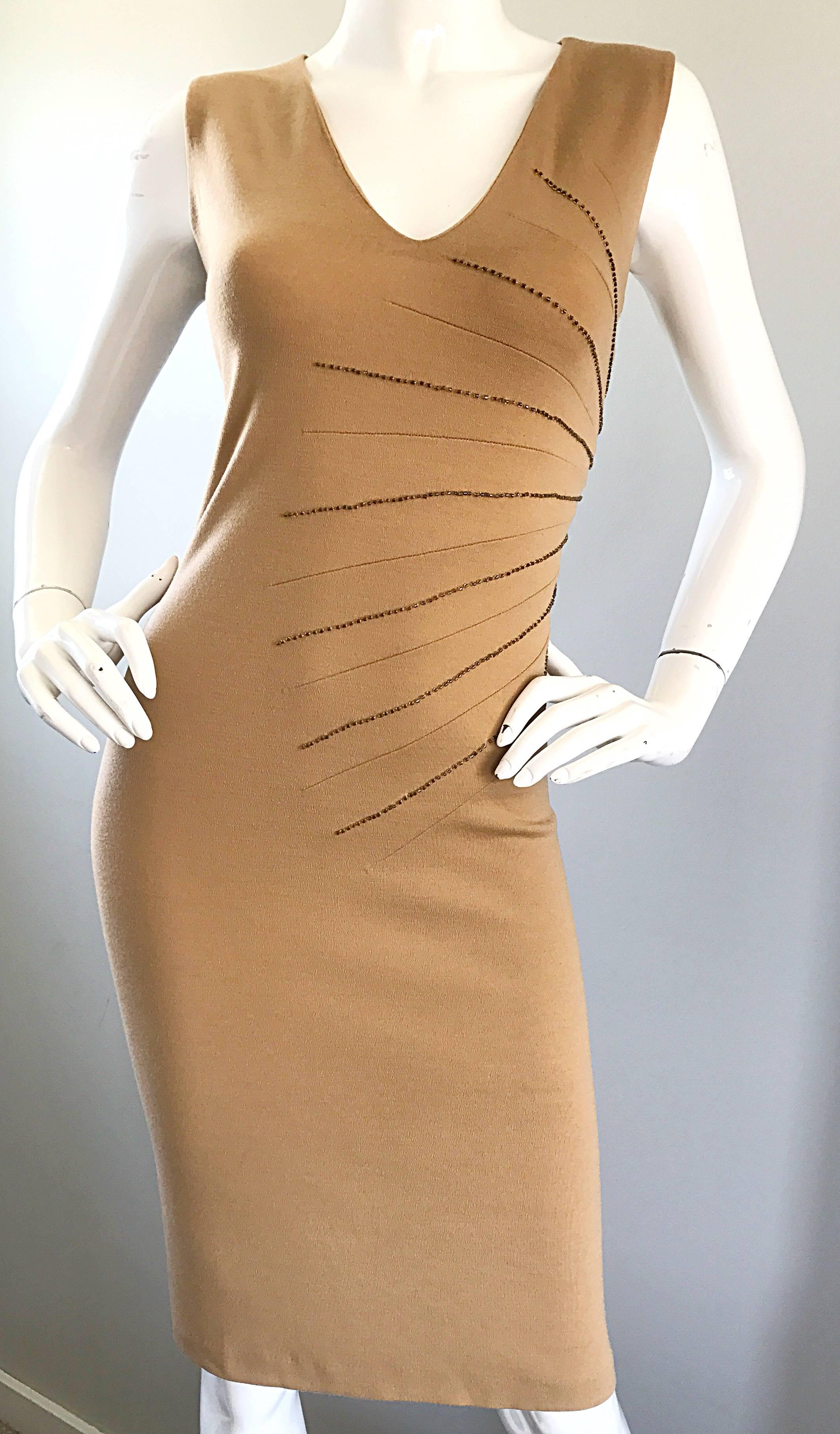 Alessandro Dell'Acqua 1990 Tan Carmael Lana Vintage 90s Vestido sin mangas con cuentas en venta 1