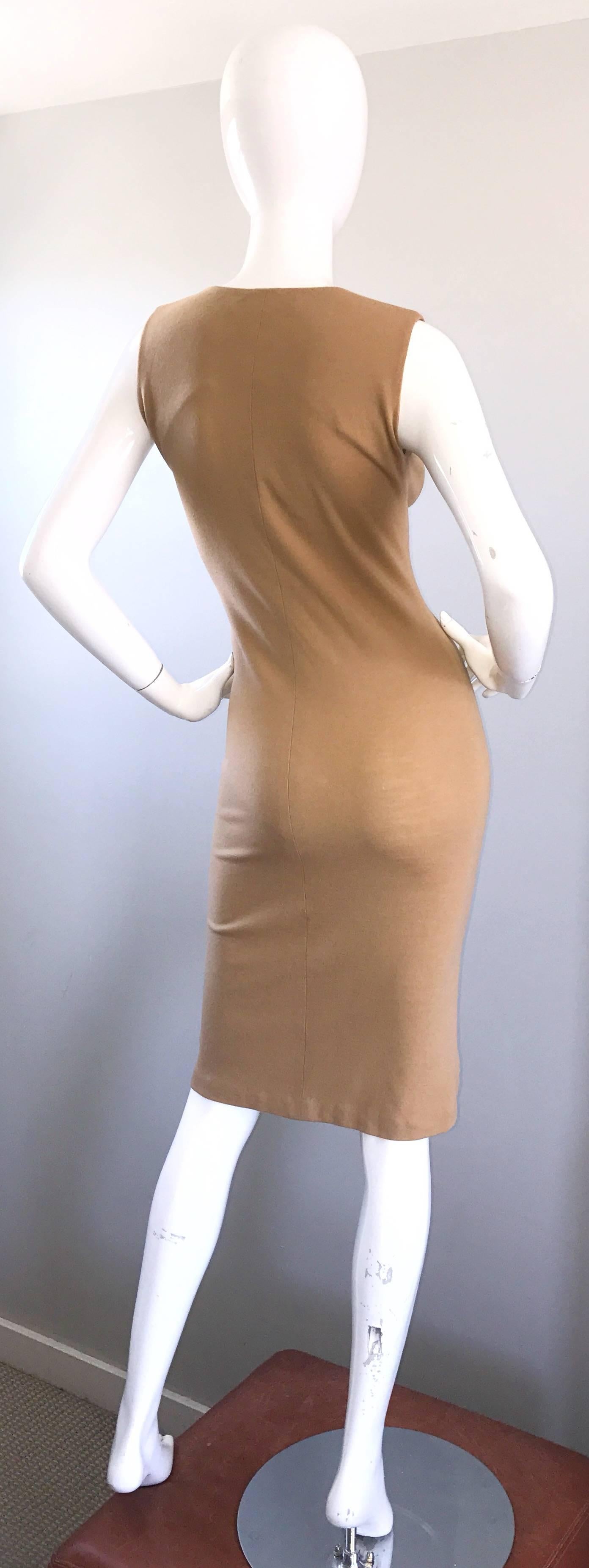 Alessandro Dell'Acqua 1990s Tan Carmael Wool Vintage 90s Beaded Sleeveless Dress In Excellent Condition For Sale In San Diego, CA