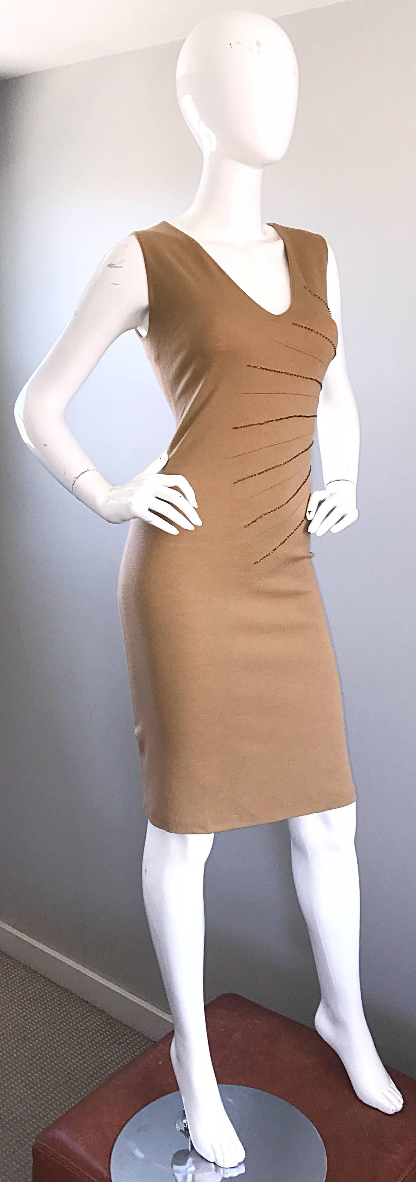 Alessandro Dell'Acqua 1990s Tan Carmael Wool Vintage 90s Beaded Sleeveless Dress For Sale 1