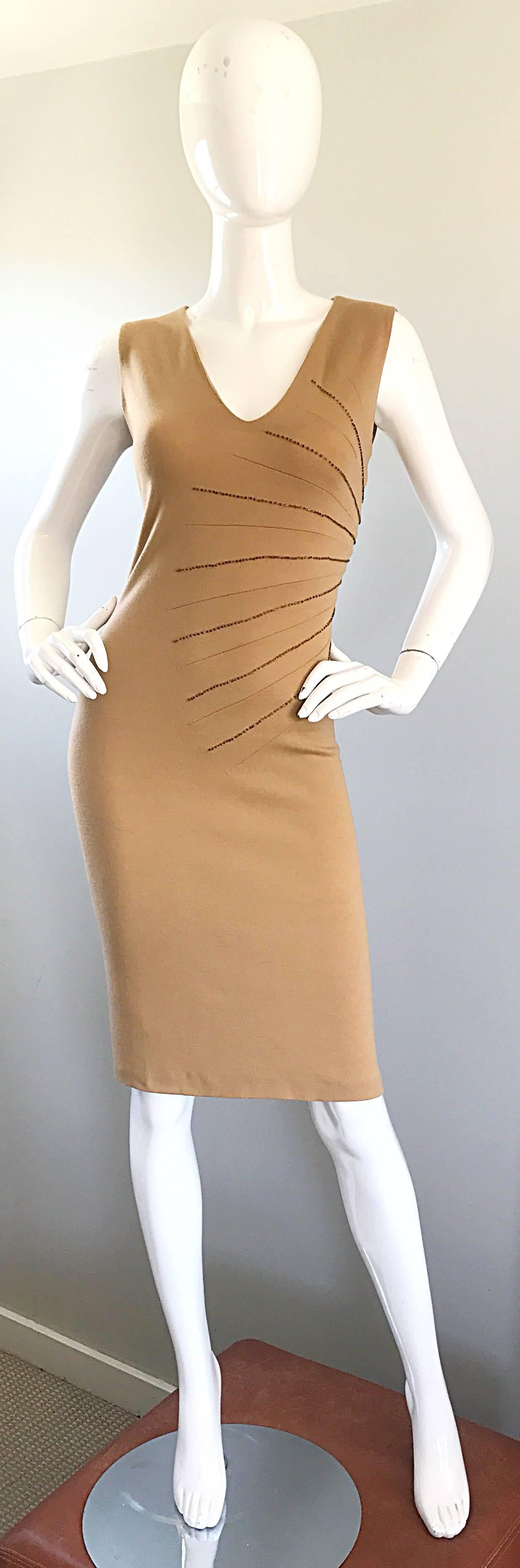 Alessandro Dell'Acqua 1990s Tan Carmael Wool Vintage 90s Beaded Sleeveless Dress For Sale 3