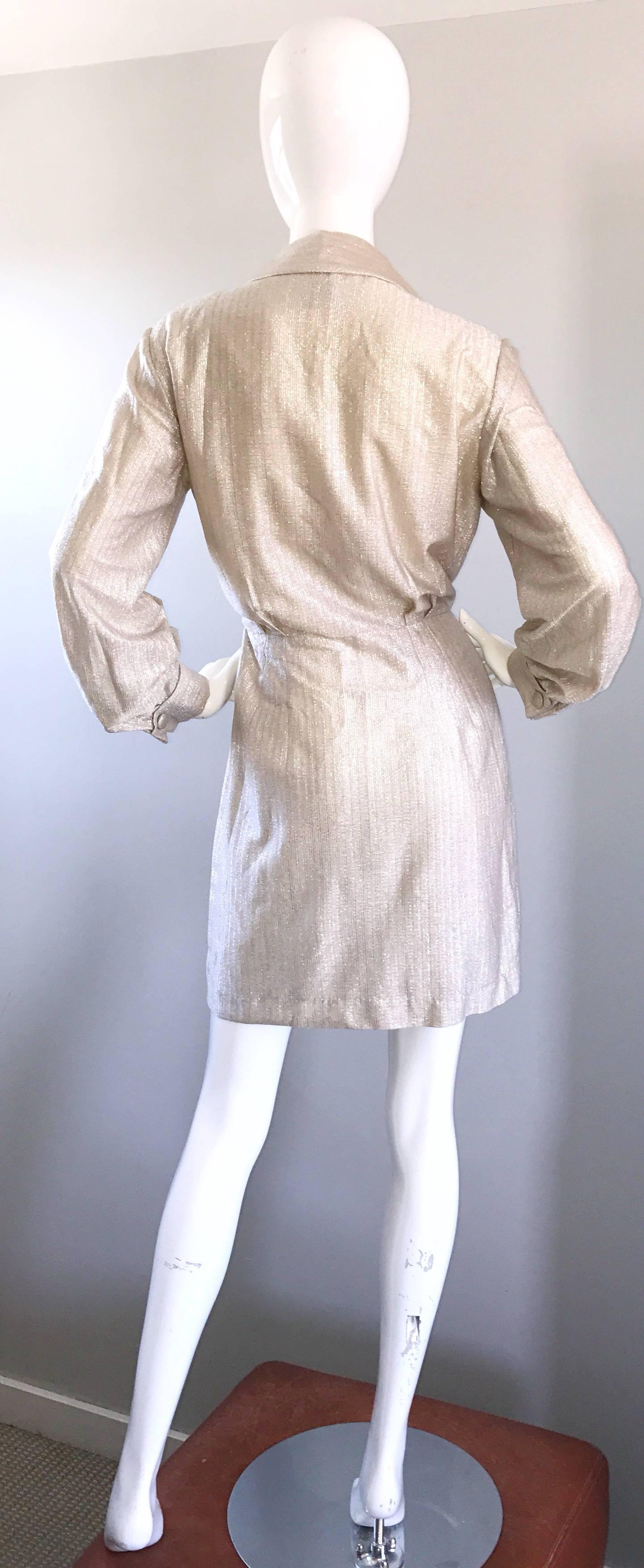 Women's Chic 1970s White Gold + Silver Metallic Lurex Vintage 70s Shirt Dress  For Sale