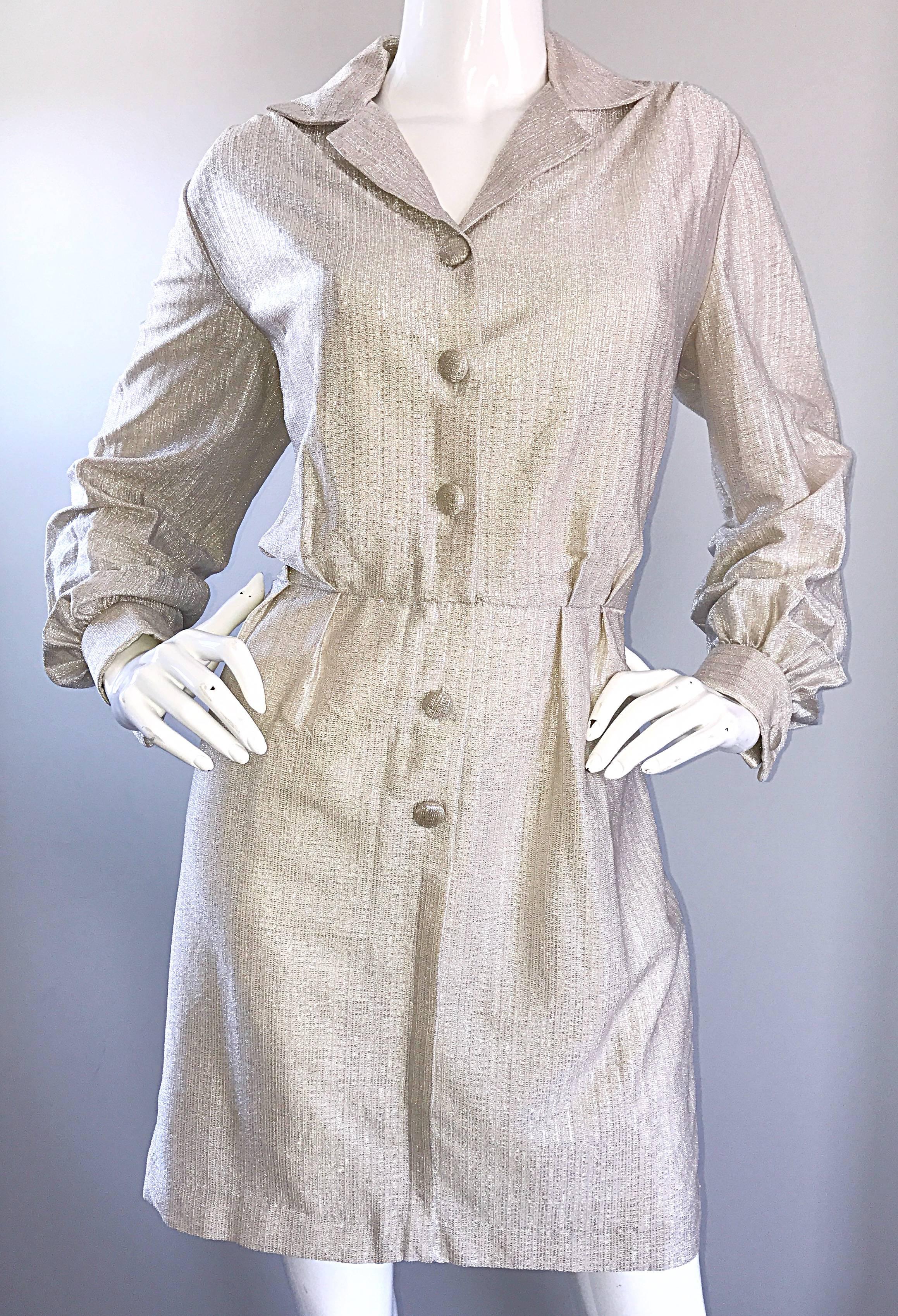 Chic 1970s White Gold + Silver Metallic Lurex Vintage 70s Shirt Dress For Sale 1