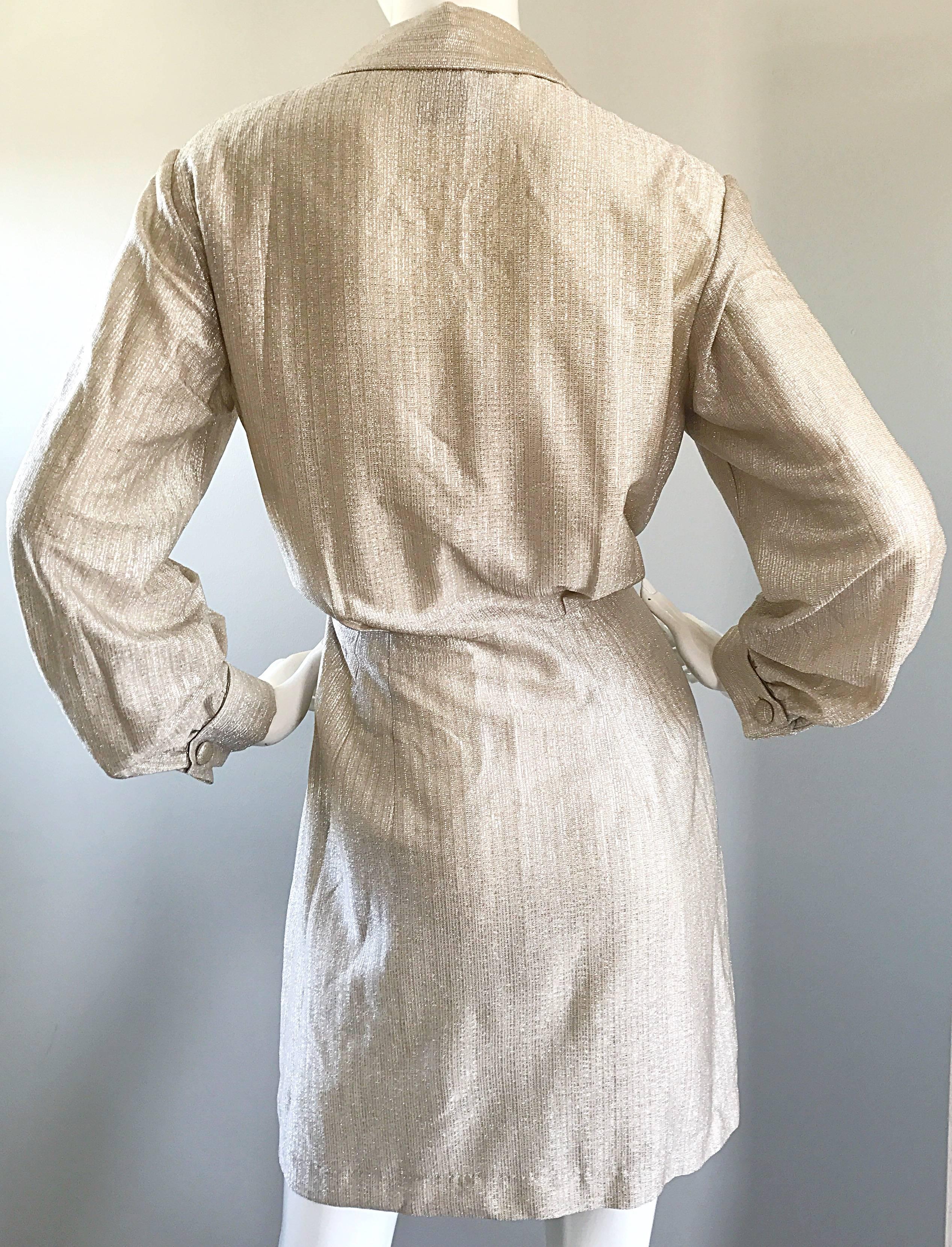 Chic 1970s White Gold + Silver Metallic Lurex Vintage 70s Shirt Dress  For Sale 3