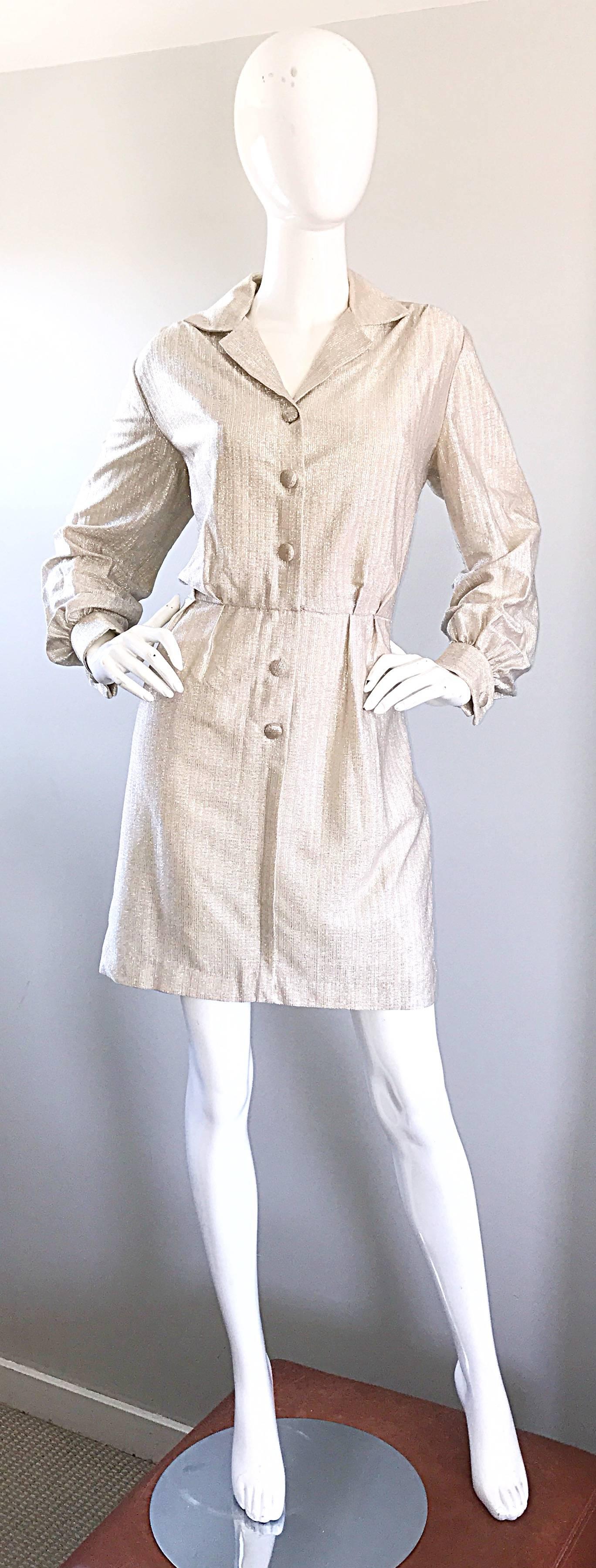 Chic 1970s White Gold + Silver Metallic Lurex Vintage 70s Shirt Dress For Sale 4