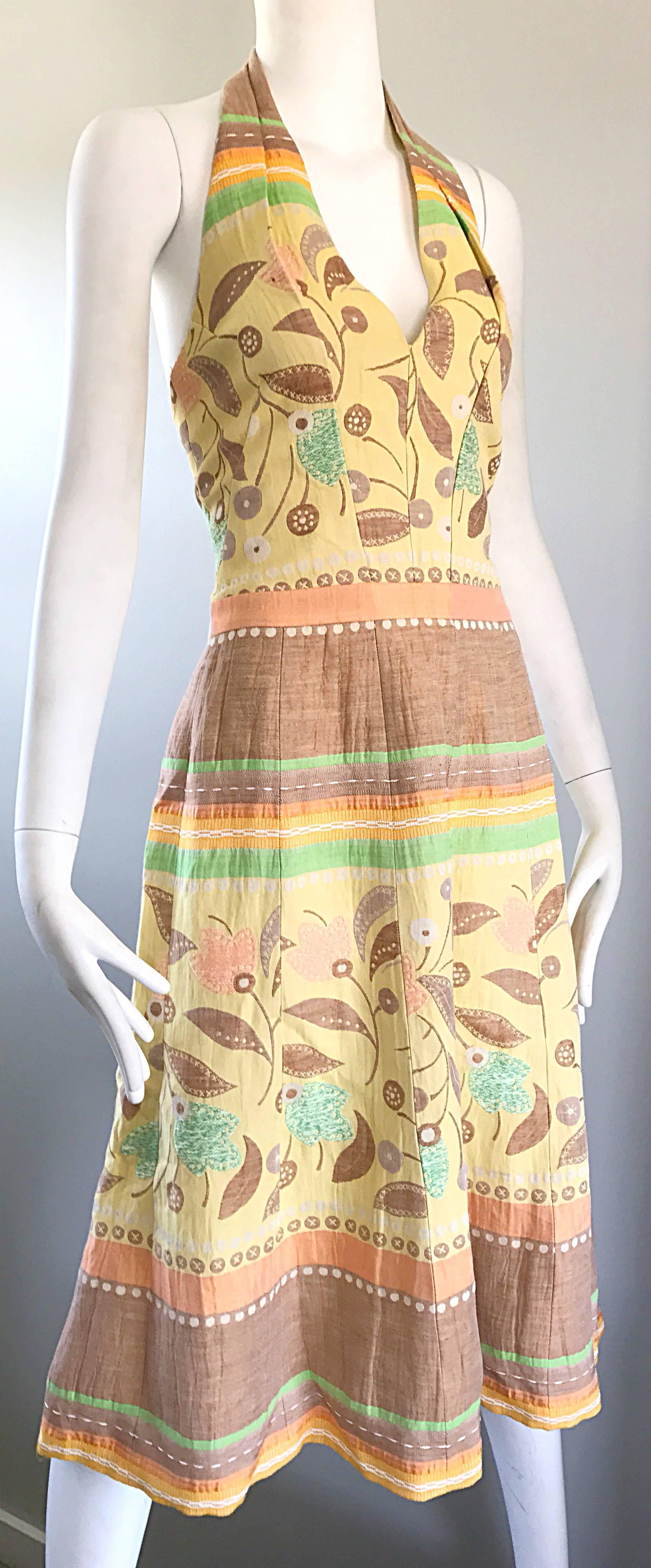Luca Luca Talla 44 US 12 / 14 Vestido halter bordado de algodón + lino en tonos pastel en Excelente estado para la venta en San Diego, CA