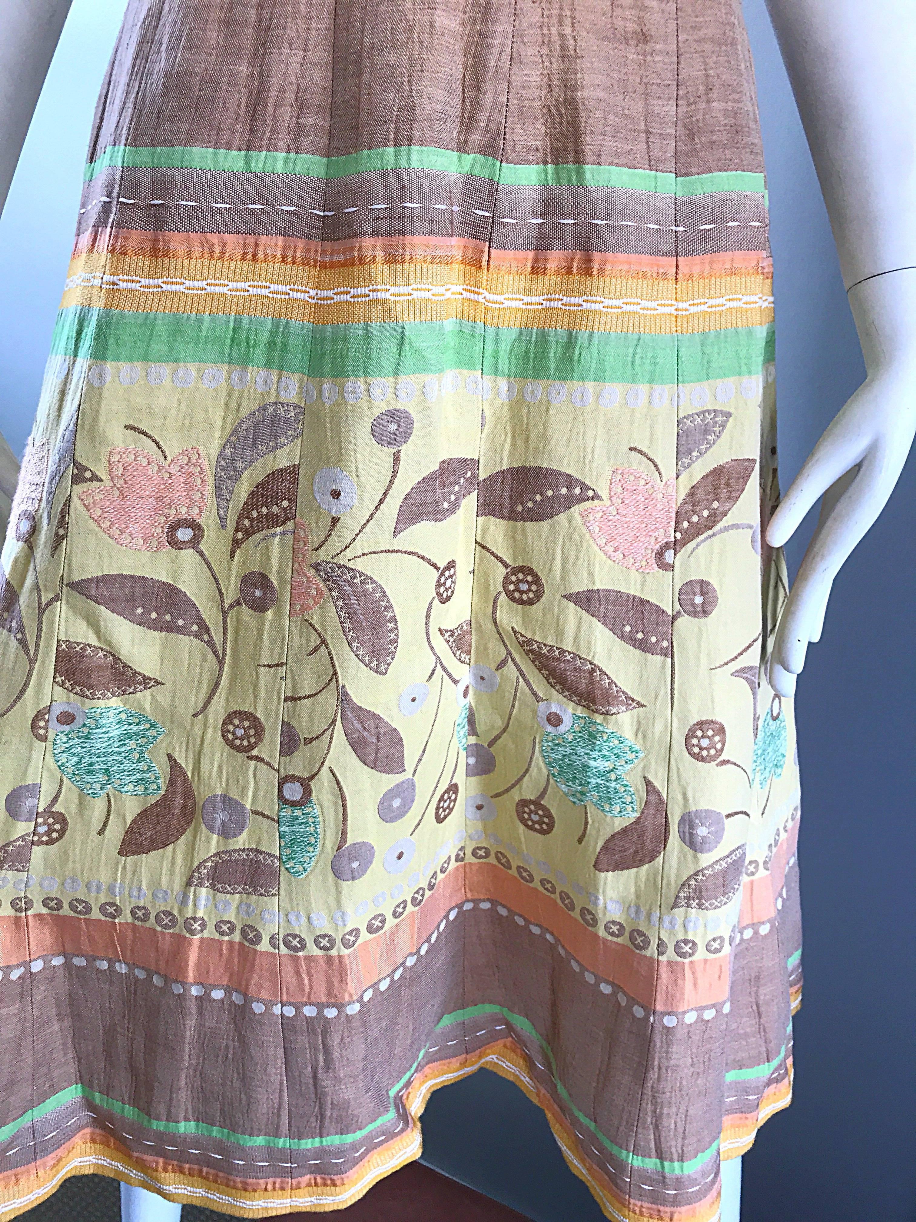 Beige Luca Luca Size 44 US 12 / 14 Embroidered Cotton + Linen Pastel Halter Dress  For Sale