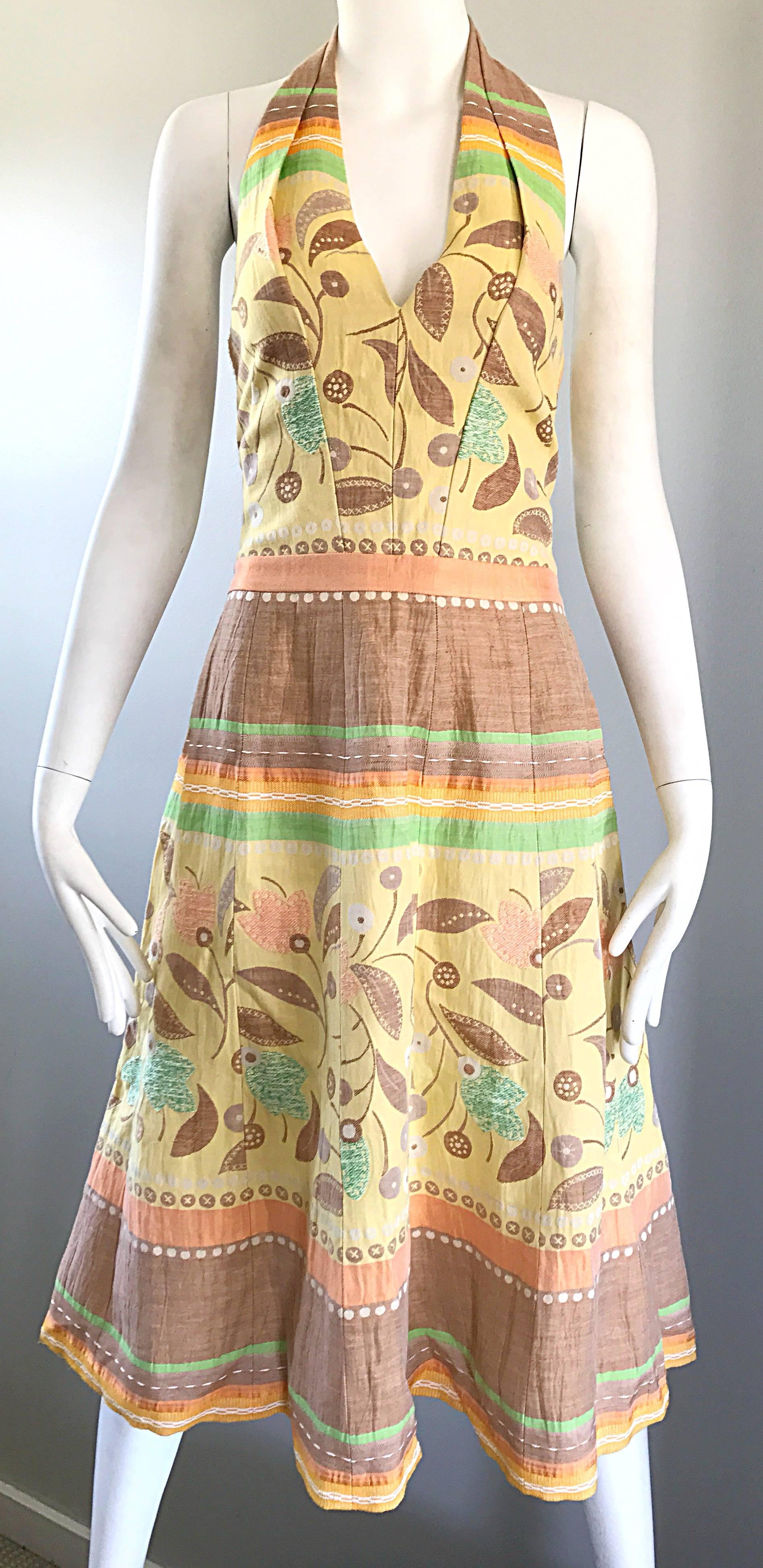 Luca Luca Size 44 US 12 / 14 Embroidered Cotton + Linen Pastel Halter Dress  In Excellent Condition For Sale In San Diego, CA