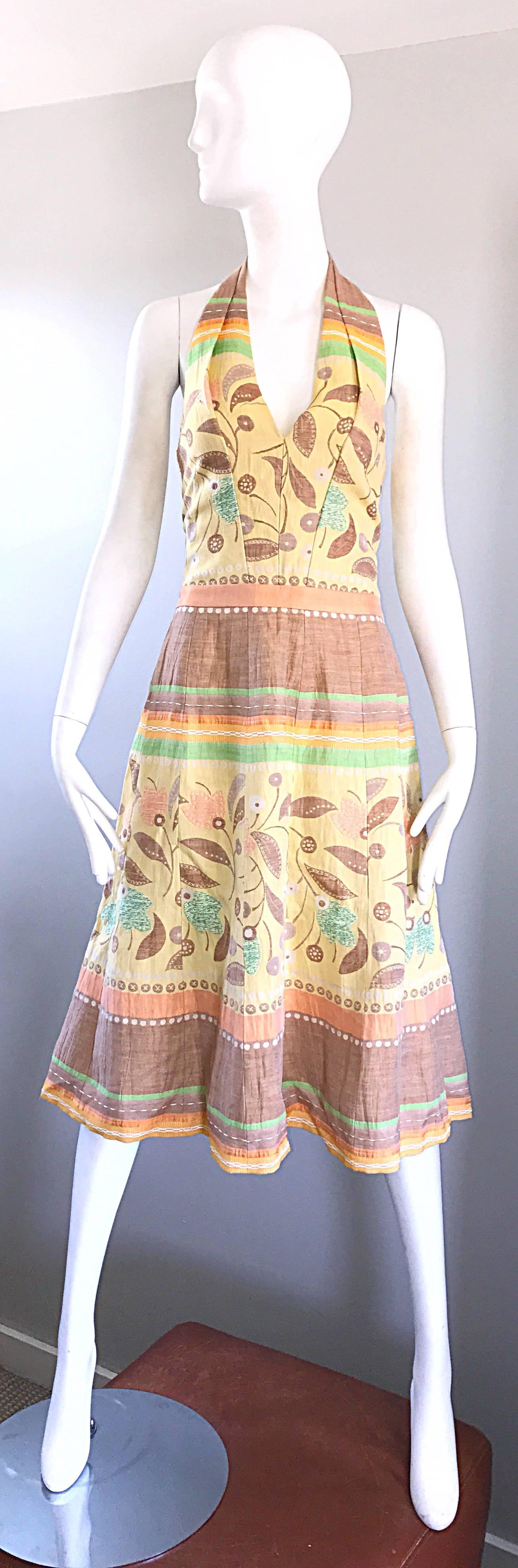 Luca Luca Size 44 US 12 / 14 Embroidered Cotton + Linen Pastel Halter Dress  For Sale 1