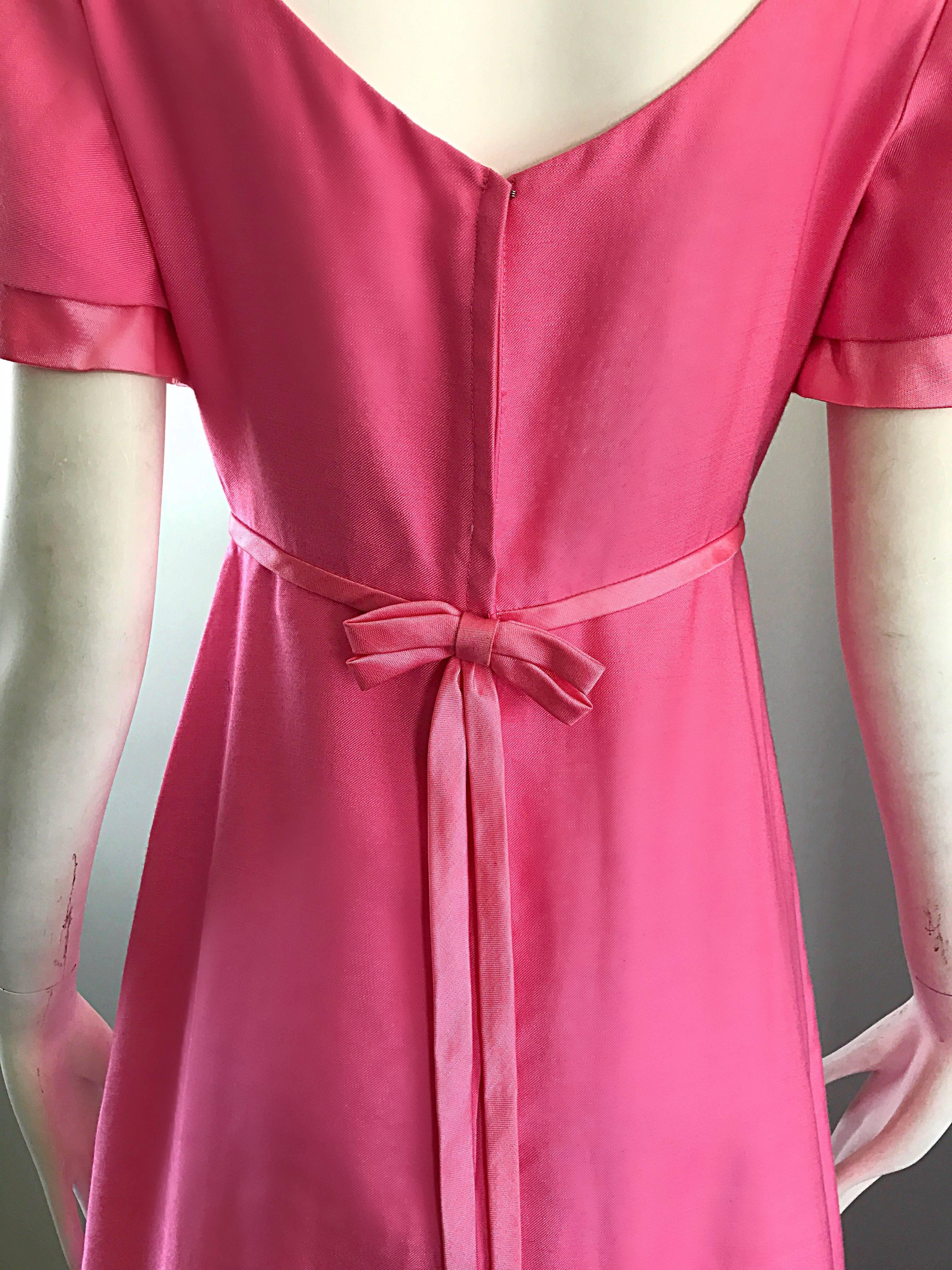 1970s Emma Domb Bubblegum Pink Short Sleeve Vintage 70s Empire Waist Maxi Dress In Excellent Condition For Sale In San Diego, CA