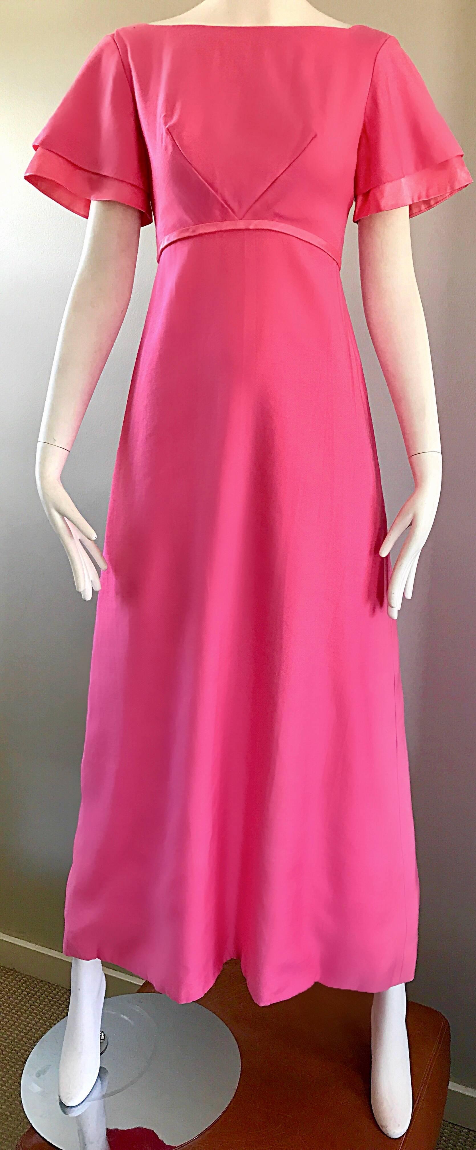 Women's 1970s Emma Domb Bubblegum Pink Short Sleeve Vintage 70s Empire Waist Maxi Dress For Sale