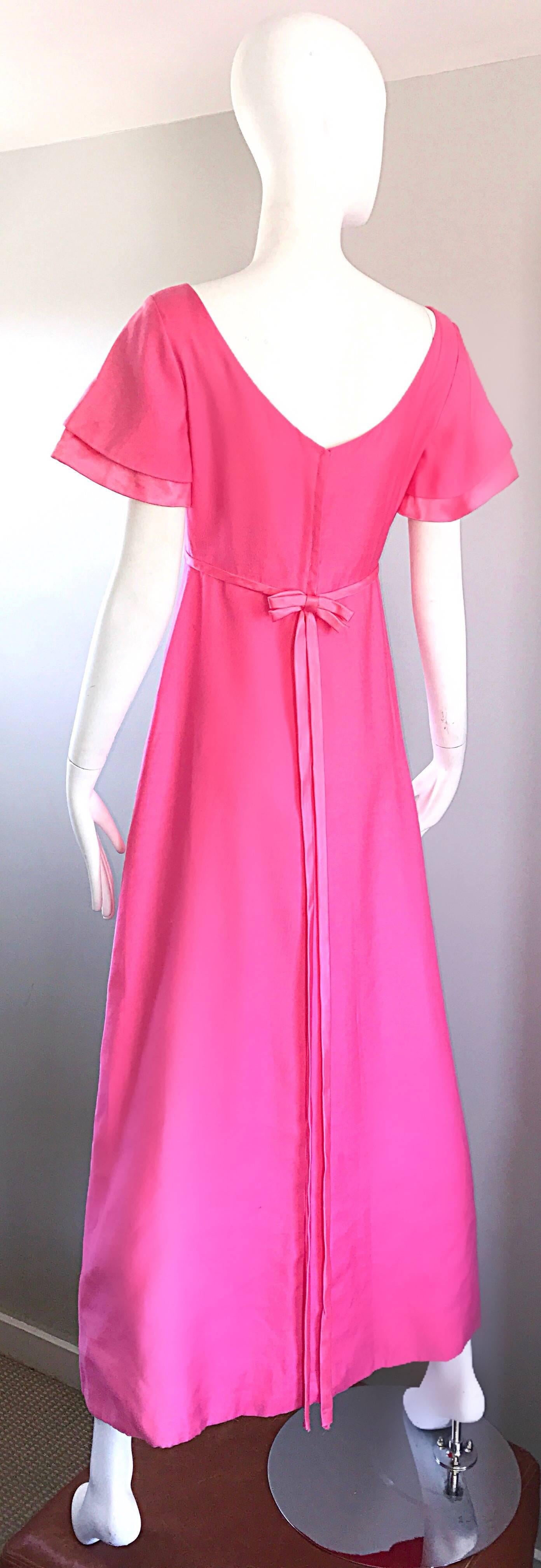 1970s Emma Domb Bubblegum Pink Short Sleeve Vintage 70s Empire Waist Maxi Dress For Sale 1