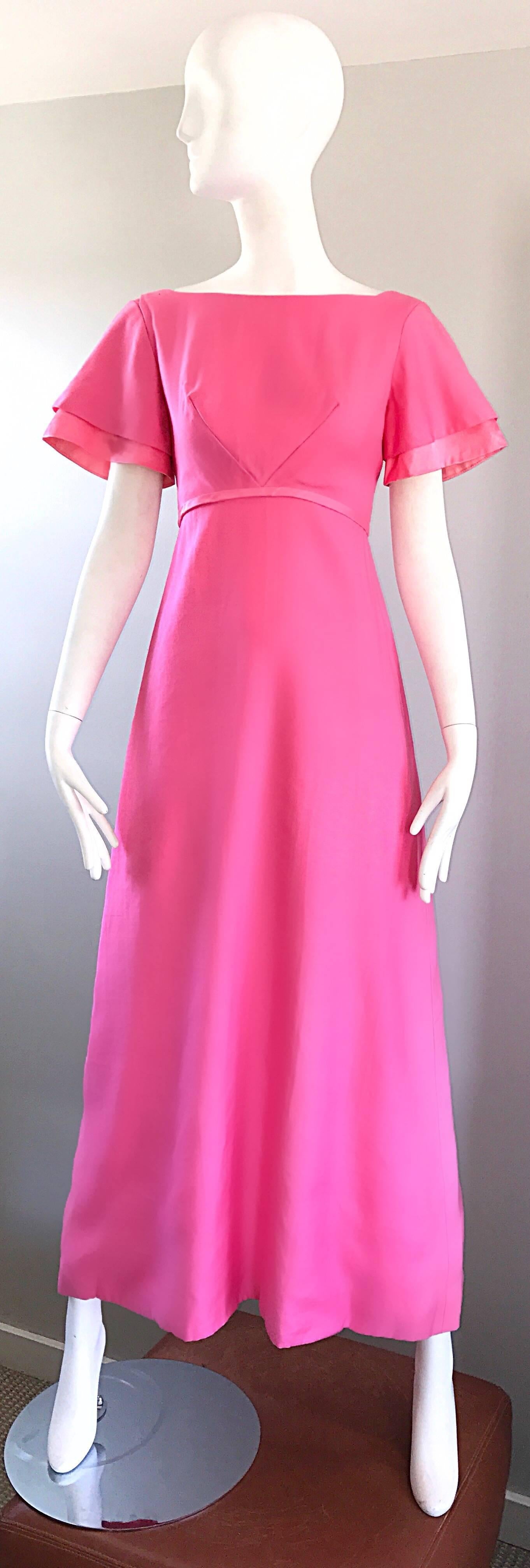 1970s Emma Domb Bubblegum Pink Short Sleeve Vintage 70s Empire Waist Maxi Dress For Sale 2