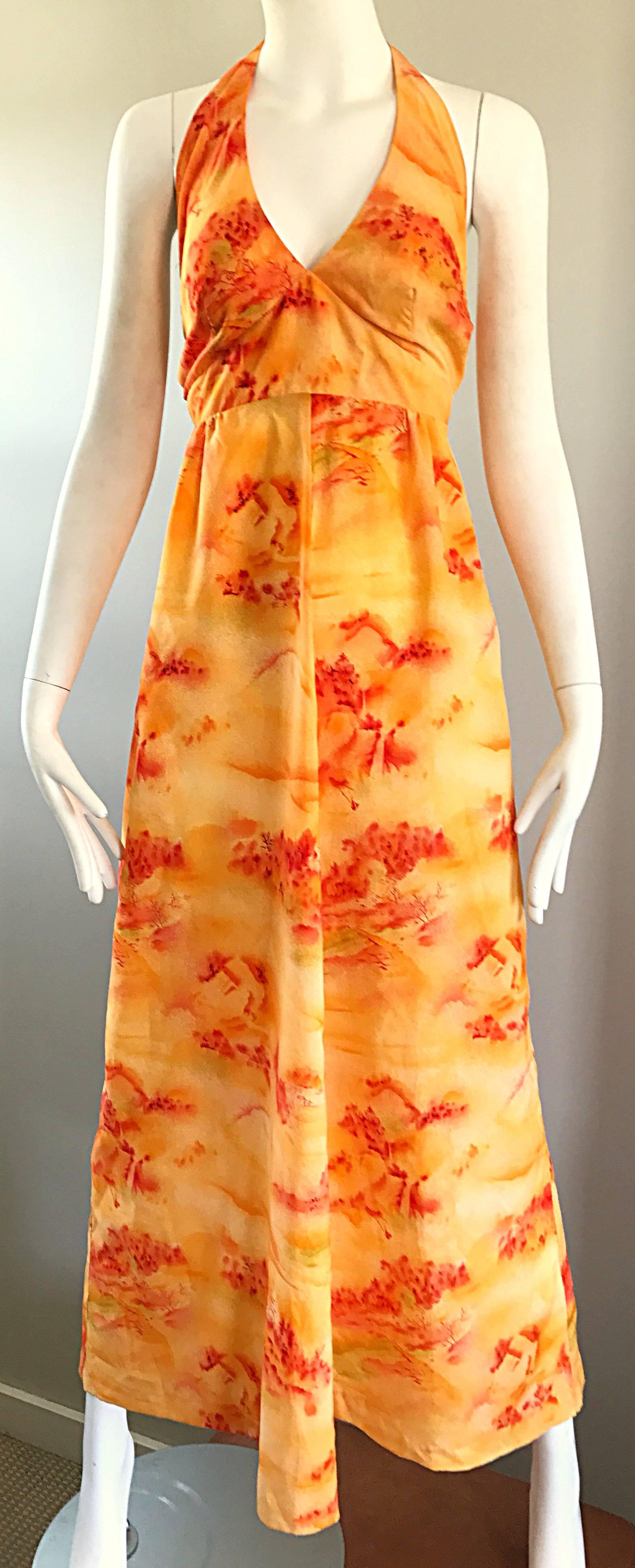 Incredible 1970s Asian Themed Bright Orange Vintage 70s Novelty Maxi Dress  In Excellent Condition For Sale In San Diego, CA