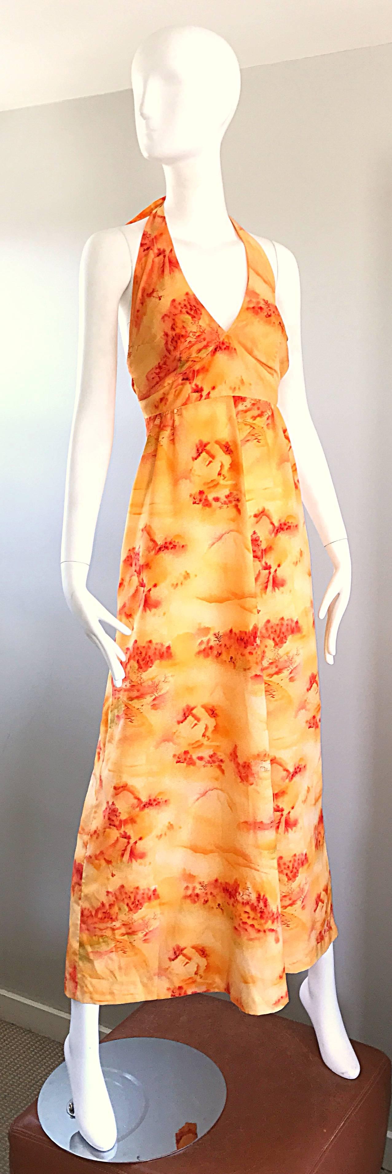 Incredible 1970s Asian Themed Bright Orange Vintage 70s Novelty Maxi Dress  For Sale 1