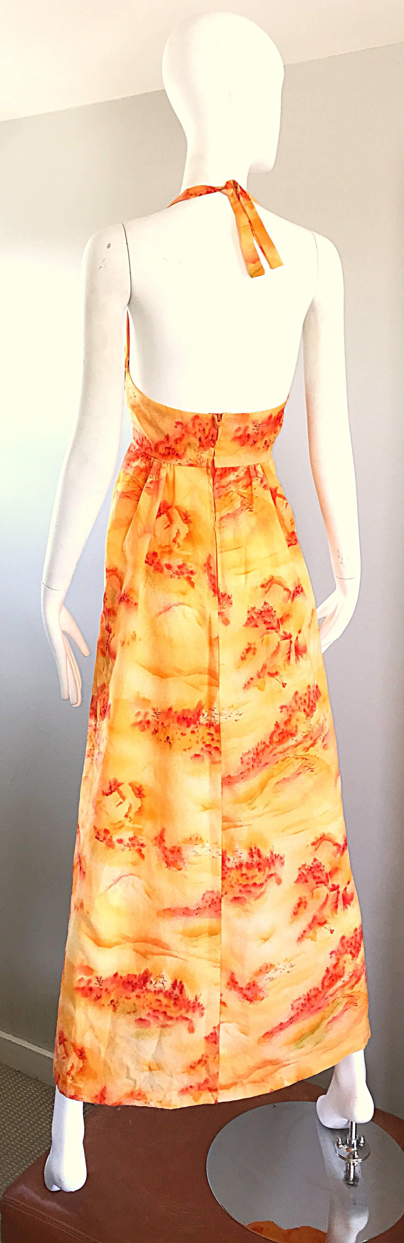 Women's Incredible 1970s Asian Themed Bright Orange Vintage 70s Novelty Maxi Dress  For Sale