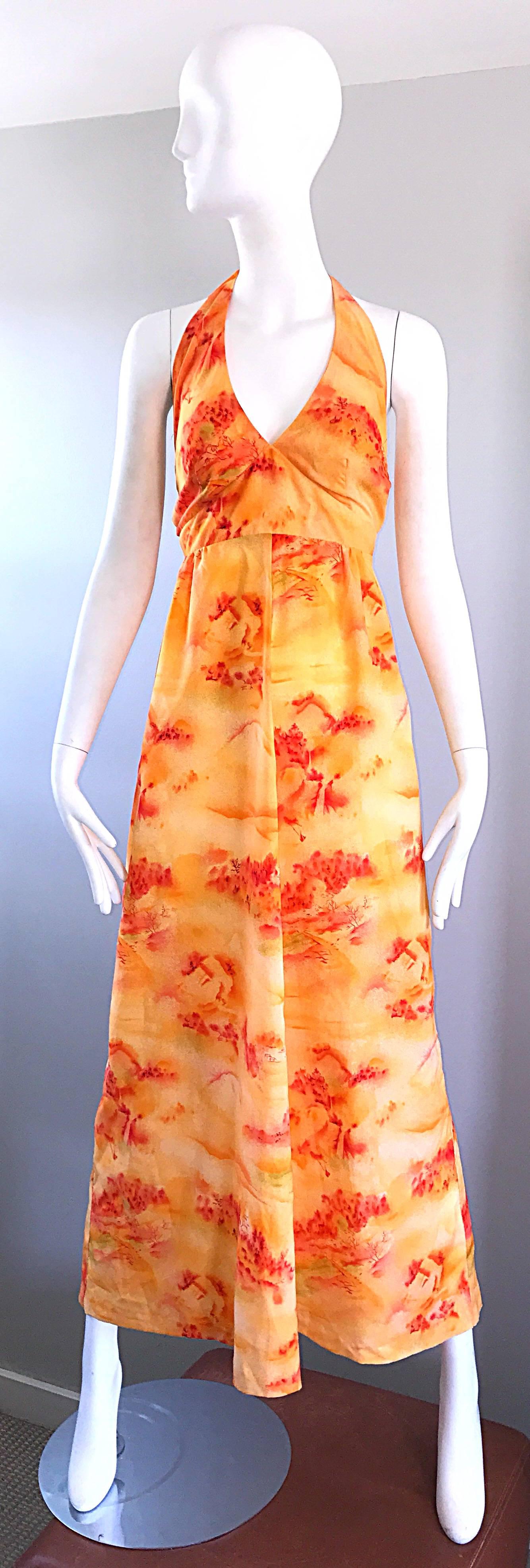 Incredible 1970s Asian Themed Bright Orange Vintage 70s Novelty Maxi Dress  For Sale 3