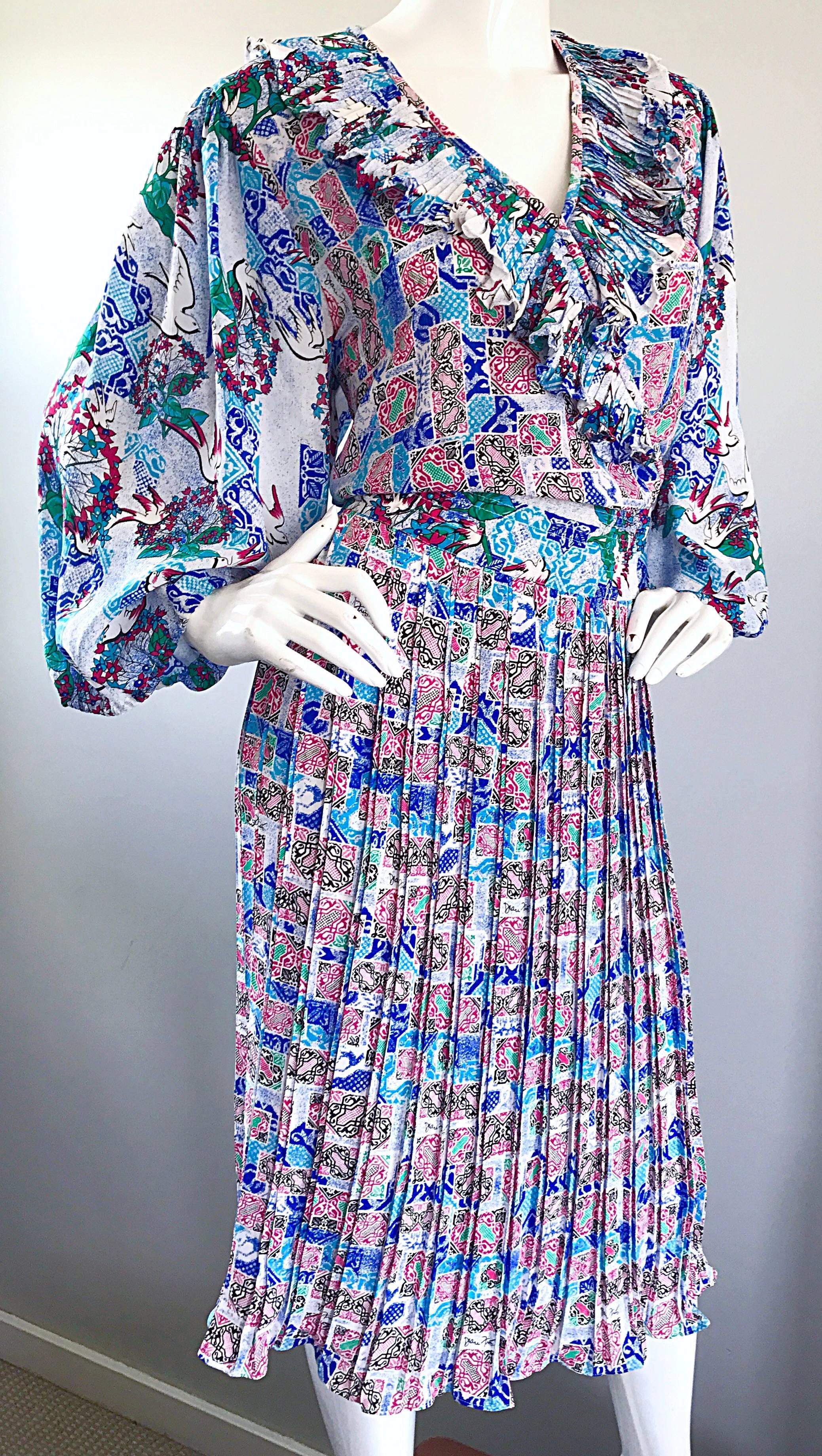 Gray Vintage Diane Freis Rare Dove Print Colorful Boho Large Size Novelty Dress 