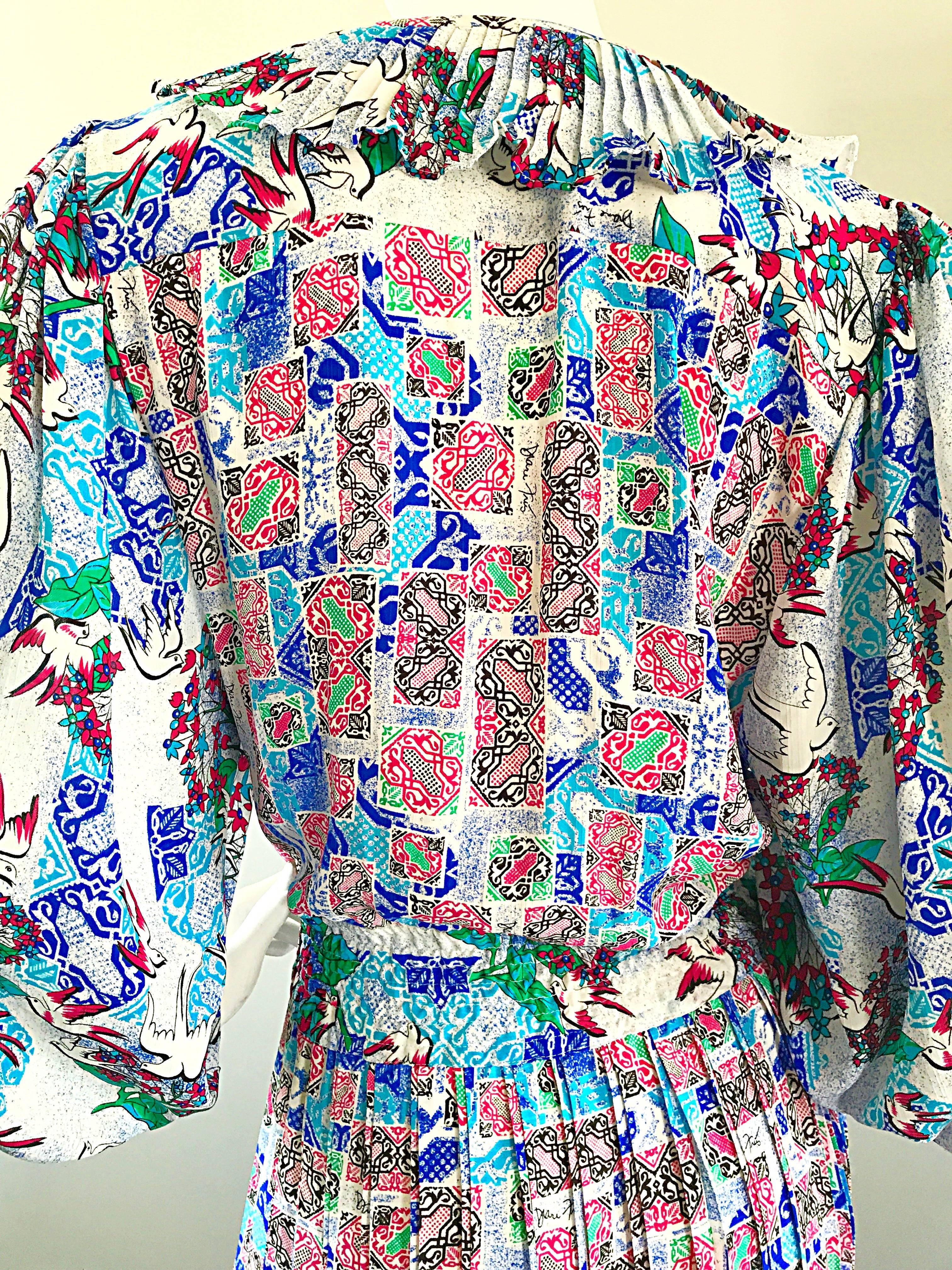 Women's Vintage Diane Freis Rare Dove Print Colorful Boho Large Size Novelty Dress 