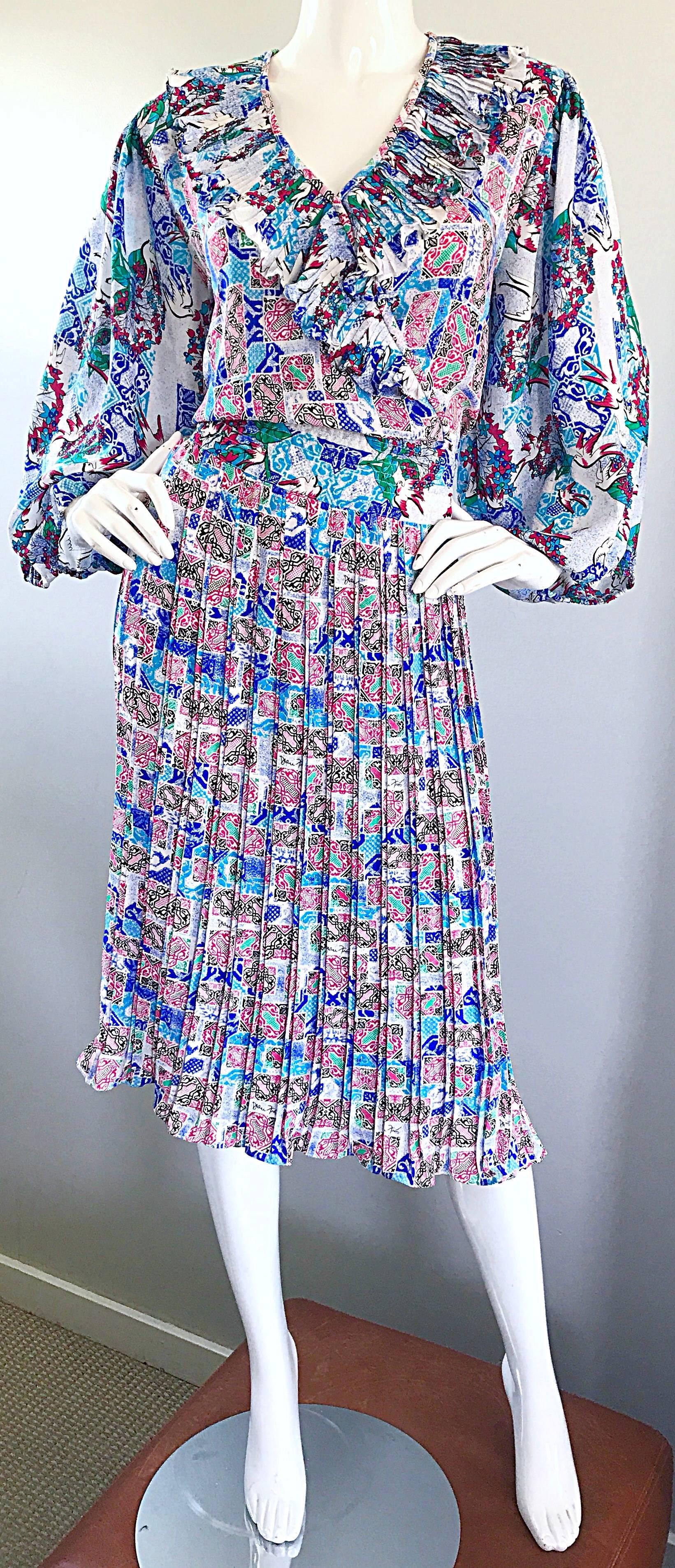 Vintage Diane Freis Rare Dove Print Colorful Boho Large Size Novelty Dress  1
