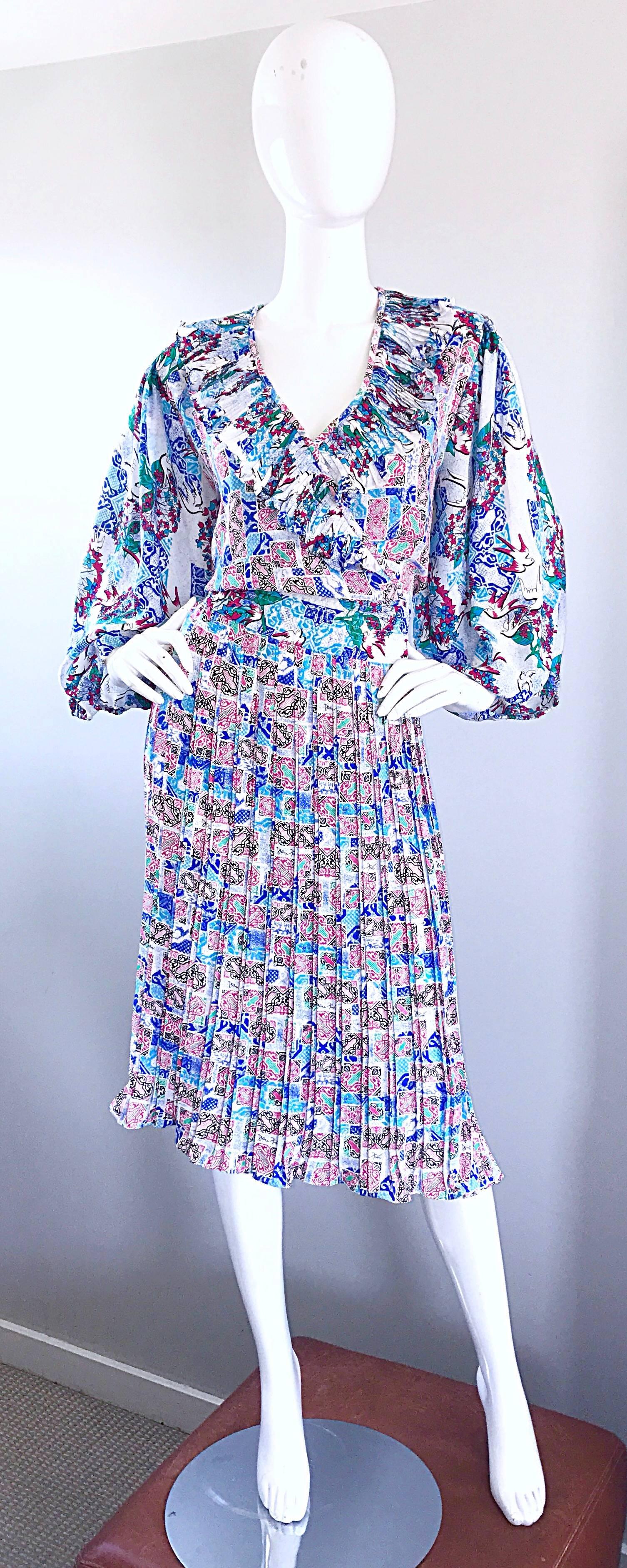 Vintage Diane Freis Rare Dove Print Colorful Boho Large Size Novelty Dress  3