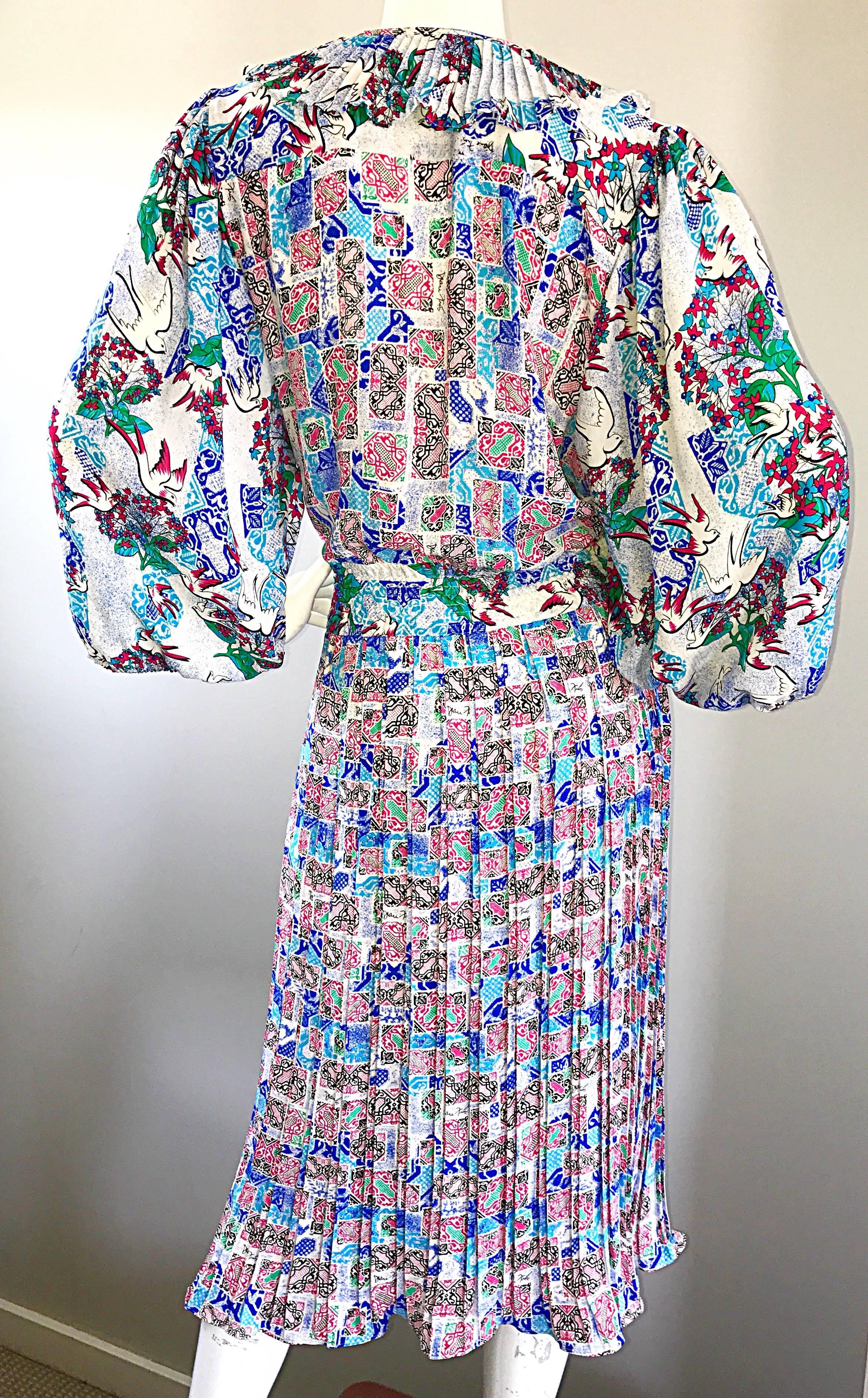 Vintage Diane Freis Rare Dove Print Colorful Boho Large Size Novelty Dress  2