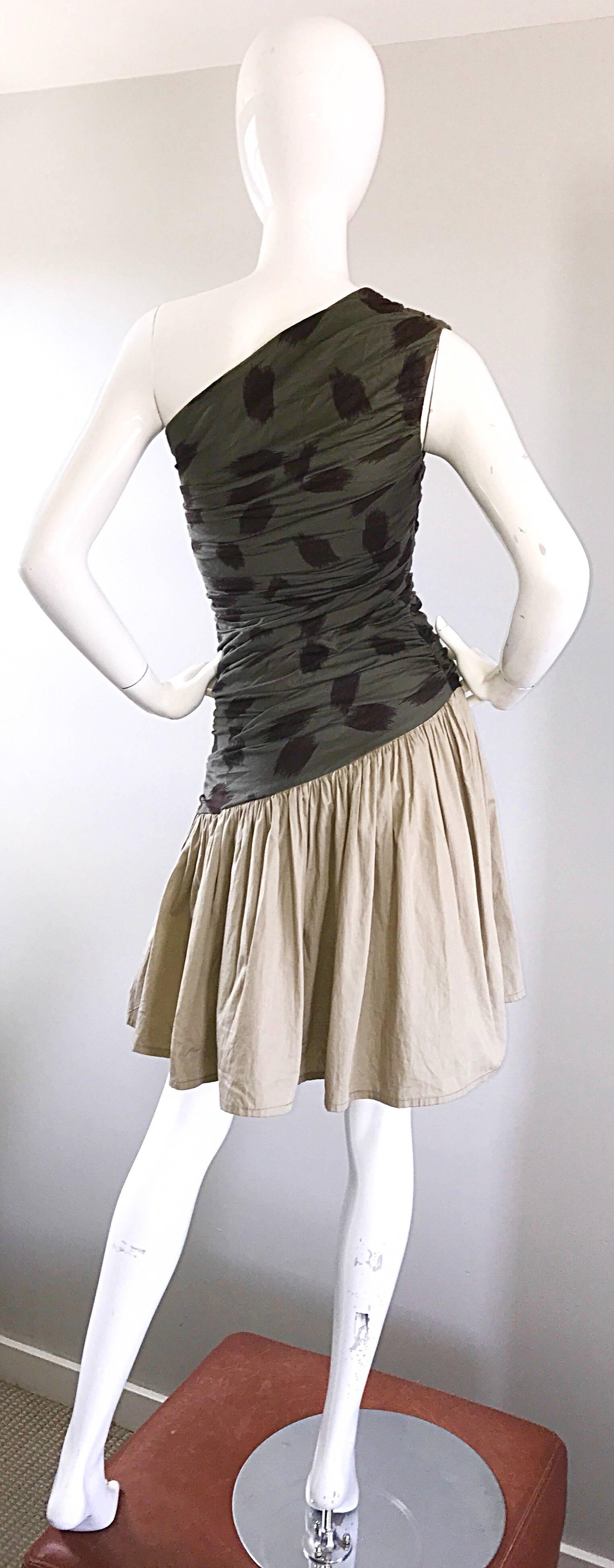 90s Asymmetrical Abstract Leopard One Shoulder Army Green + Khaki  Vintage Dress In Excellent Condition In San Diego, CA