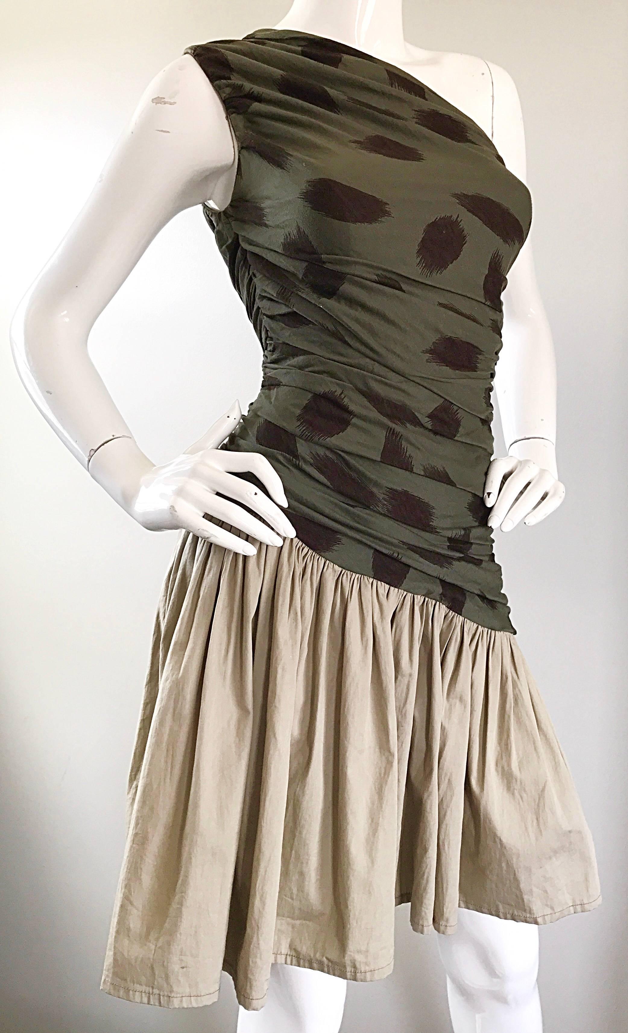 90s Asymmetrical Abstract Leopard One Shoulder Army Green + Khaki  Vintage Dress 2