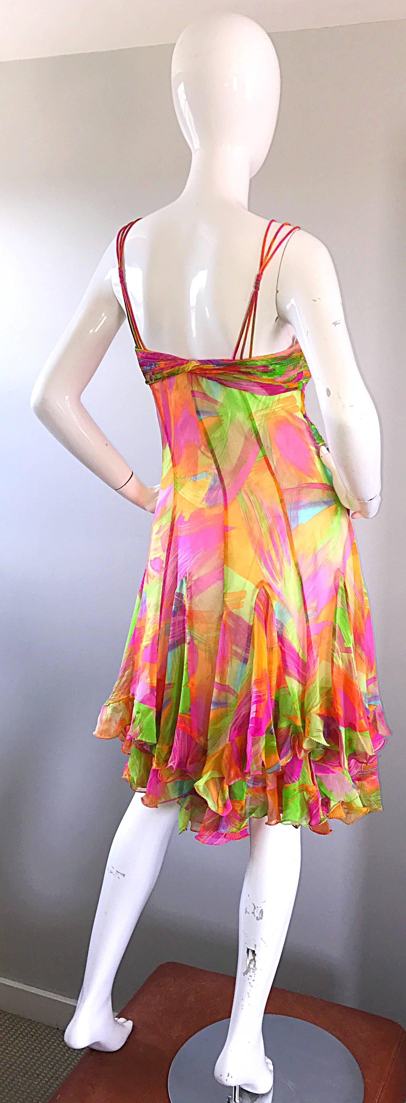 1990s Diane Freis Sz 10 Bright Sequin Beaded Silk Chiffon Handkerchief Hem Dress 2