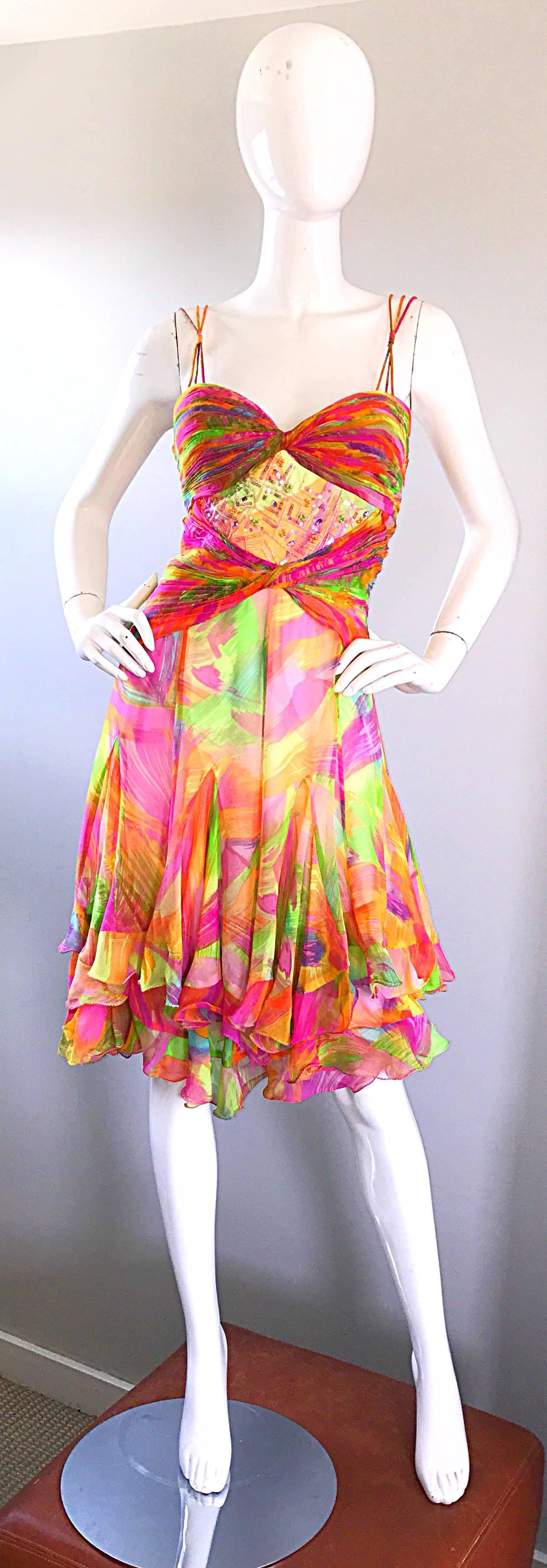 1990s Diane Freis Sz 10 Bright Sequin Beaded Silk Chiffon Handkerchief Hem Dress 3