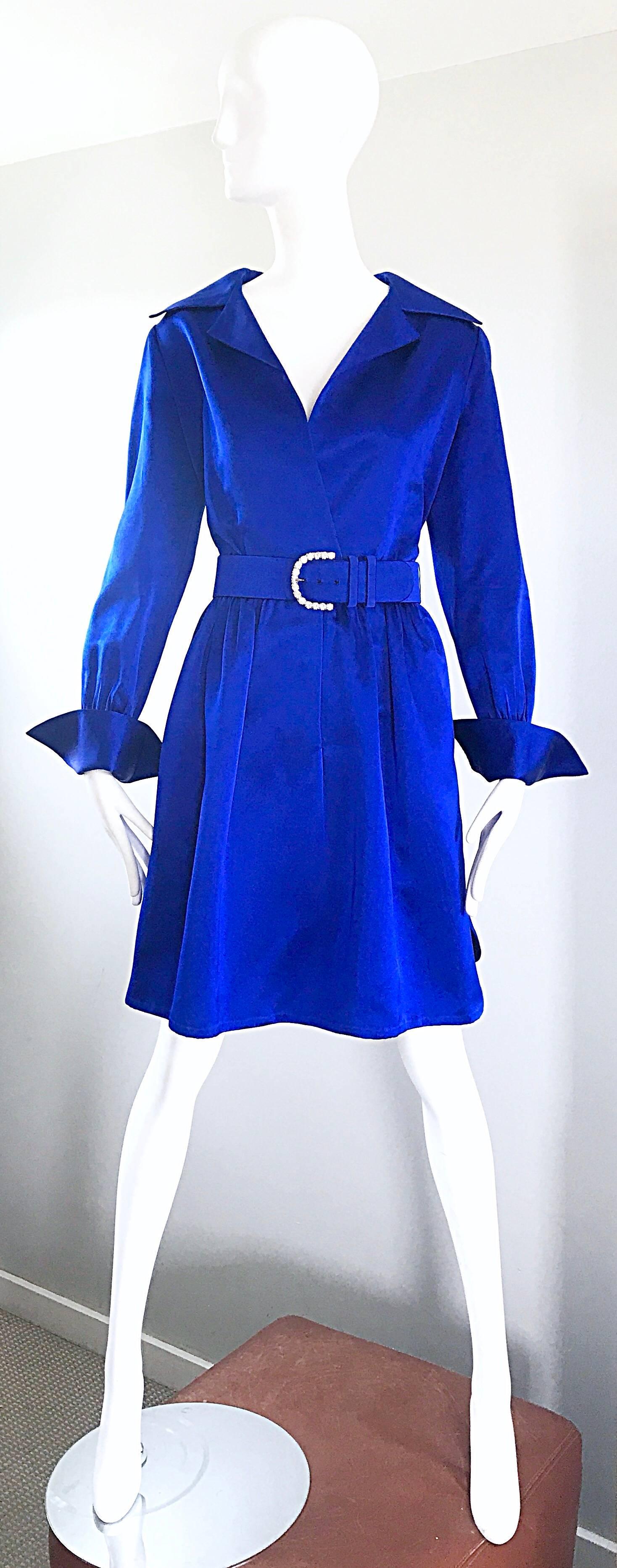 Sensational vintage BILL BLASS Couture royal blue silk satin dress! This gem was completely hand-sewn, and is numbered. Features a fitted bodice with a flattering full skirt, with a detachable matching belt with a rhinestone encrusted buckle. French