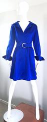 Gorgeous Bill Blass Couture Vintage 1970s Royal Blue Silk Satin Belted 70s Dress
