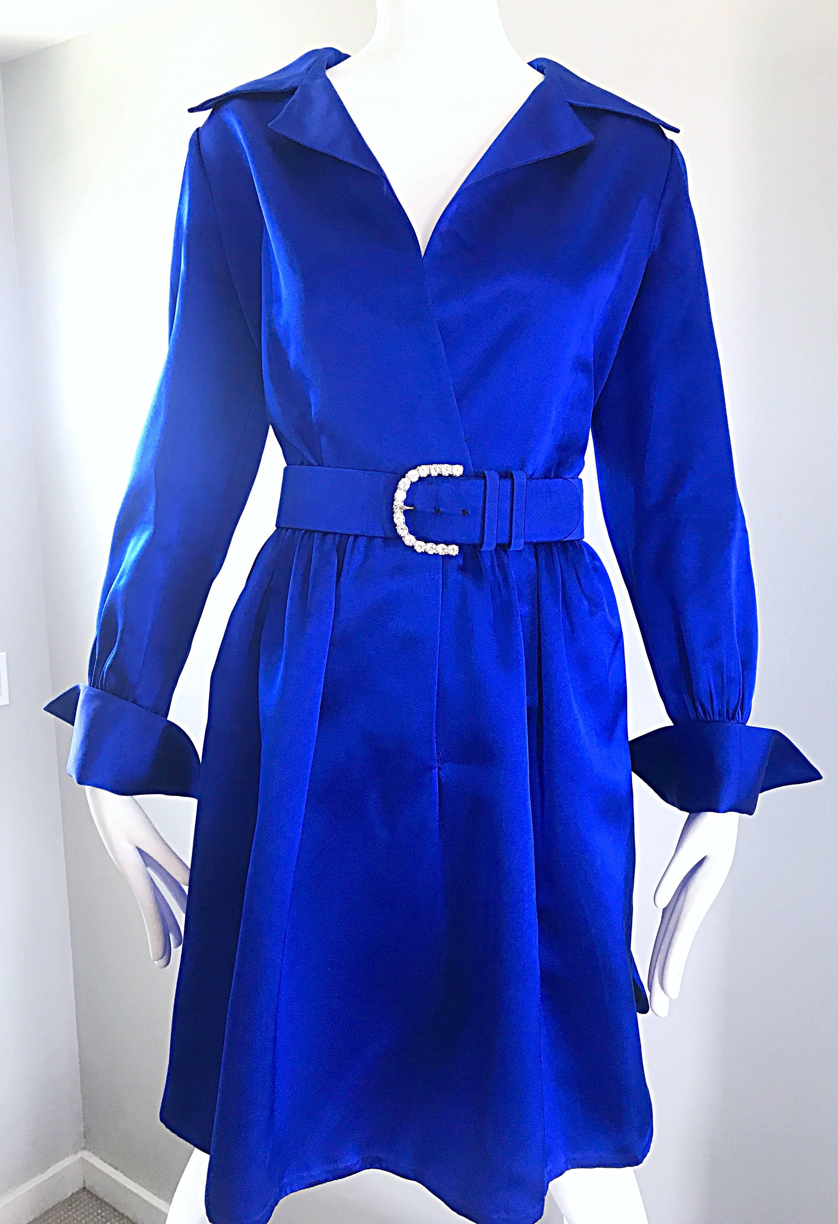 Gorgeous Bill Blass Couture Vintage 1970s Royal Blue Silk Satin Belted 70s Dress In Excellent Condition For Sale In San Diego, CA