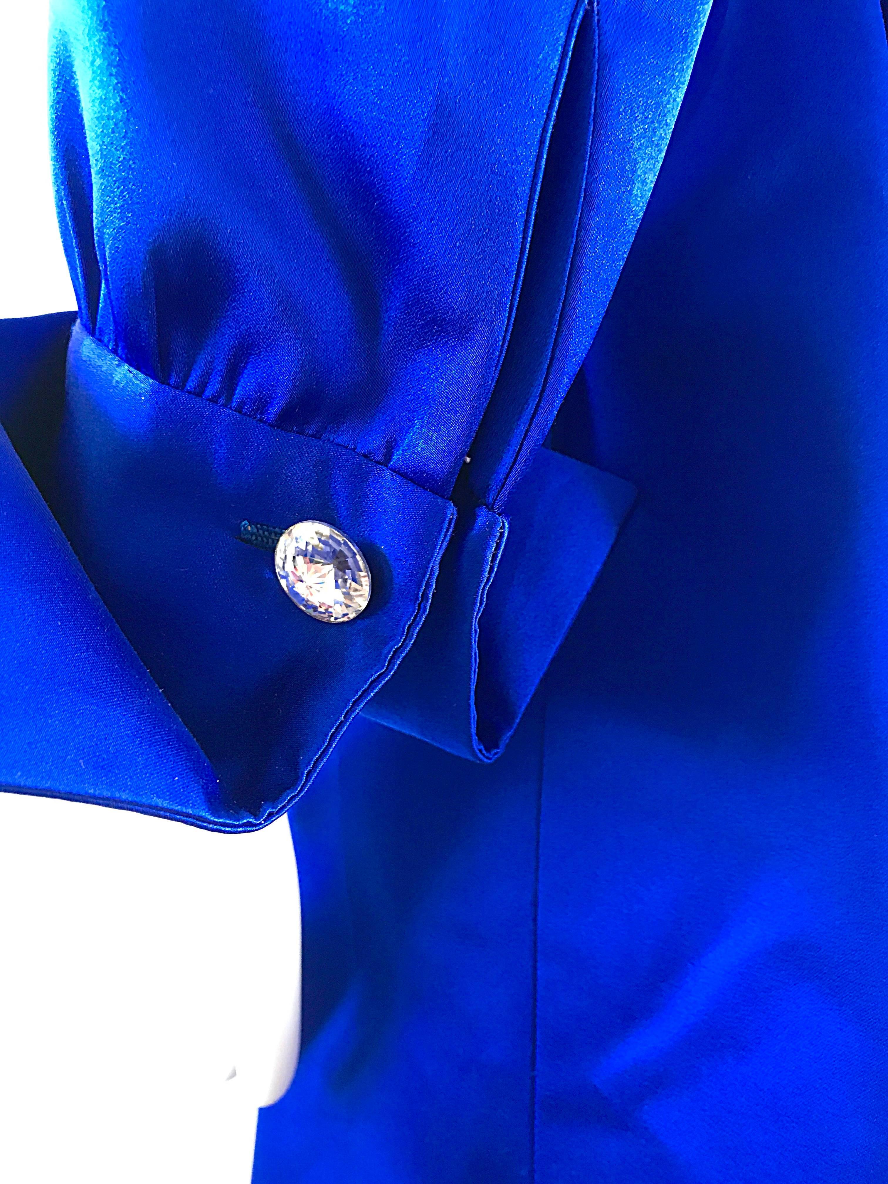 Gorgeous Bill Blass Couture Vintage 1970s Royal Blue Silk Satin Belted 70s Dress For Sale 1