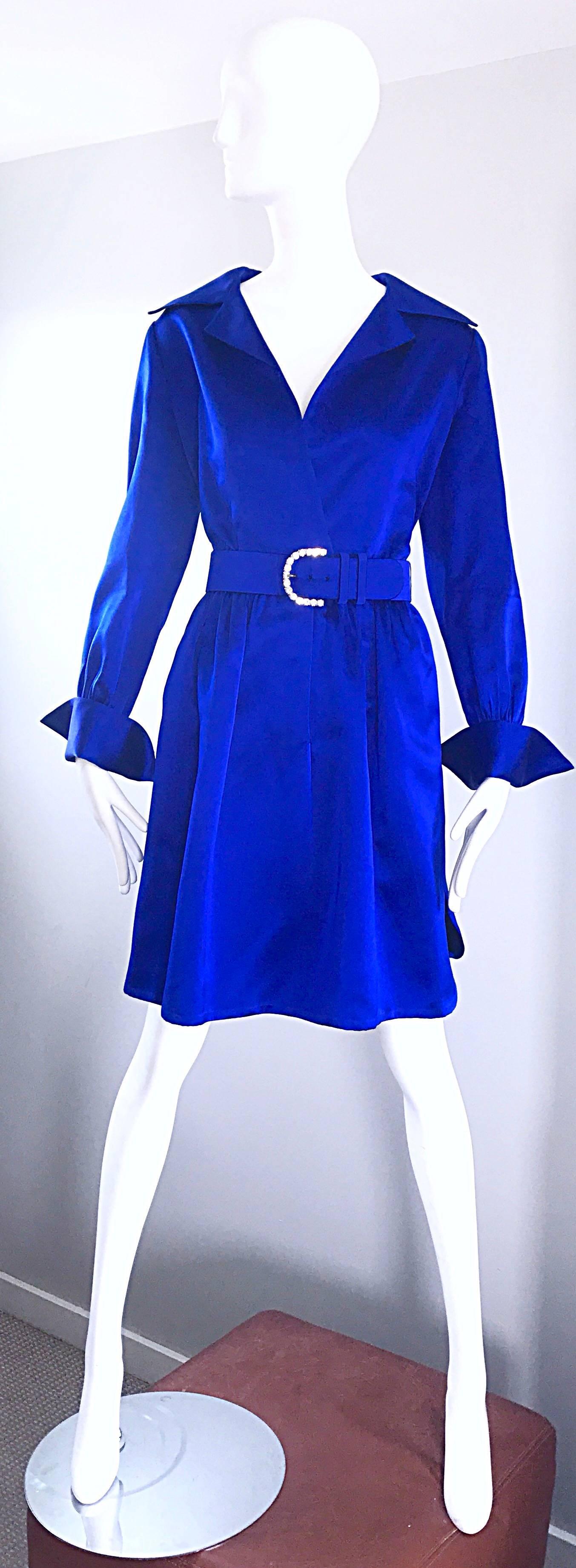 Gorgeous Bill Blass Couture Vintage 1970s Royal Blue Silk Satin Belted 70s Dress For Sale 2