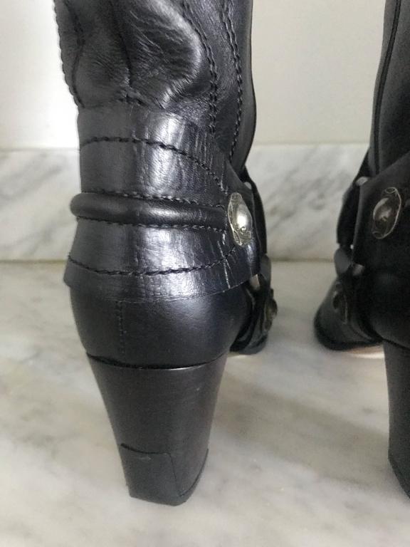 Casadei Size Black Leather Western High Heeled Pointed Toe