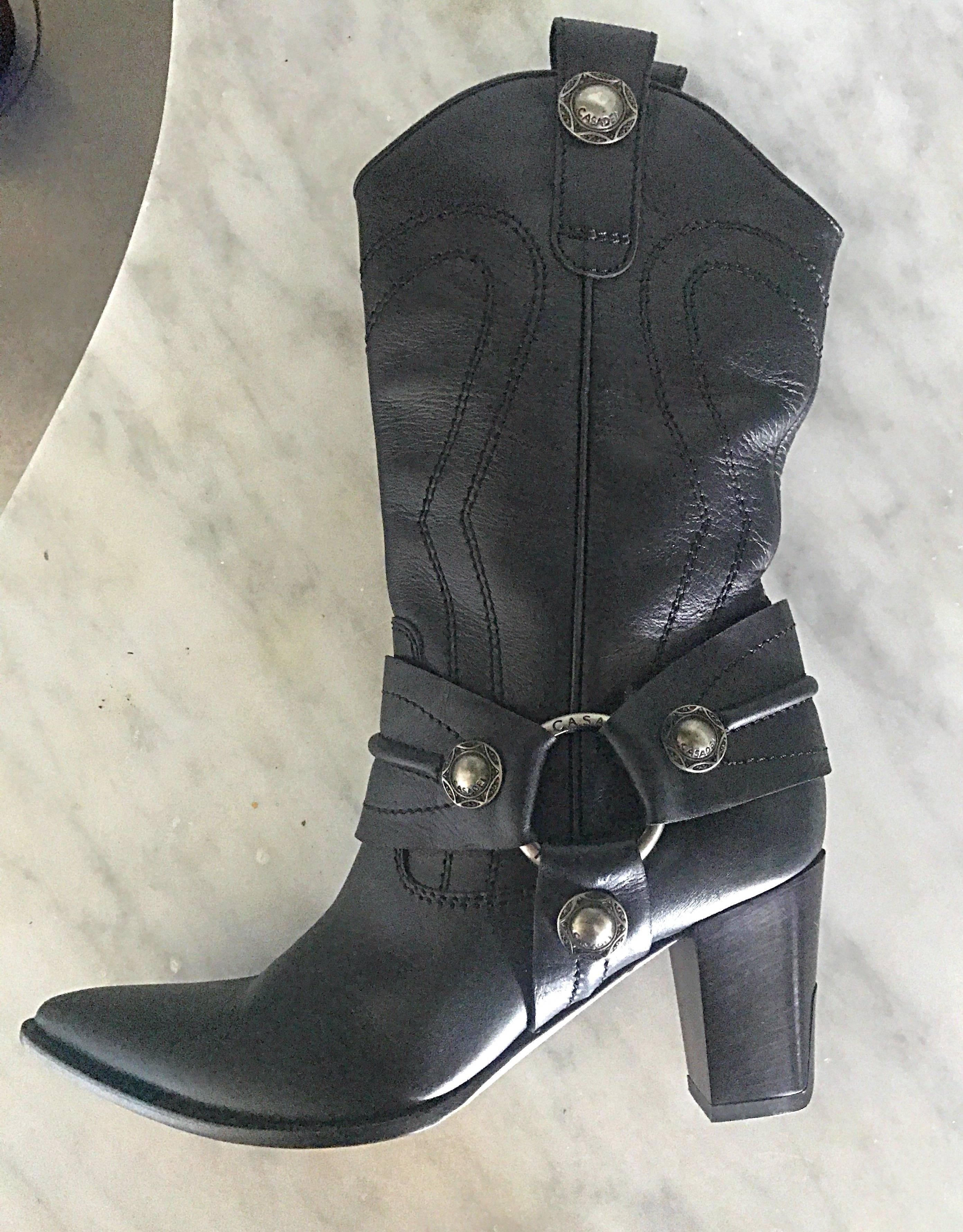 Casadei Size 5 Black Leather Western High Heeled Pointed Toe Cowboy Boots  For Sale 1