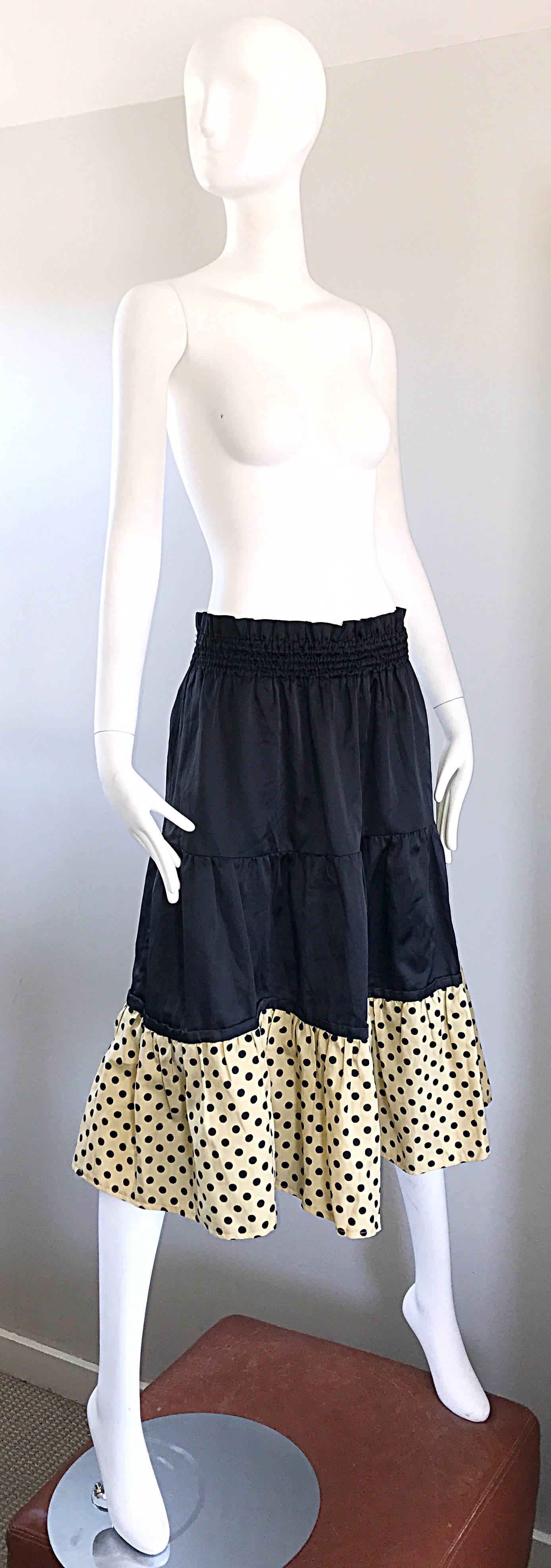 1970s Pierre Cardin Black Ivory Polka Dot Tiered Ruffle Vintage 70s Midi Skirt In Excellent Condition In San Diego, CA