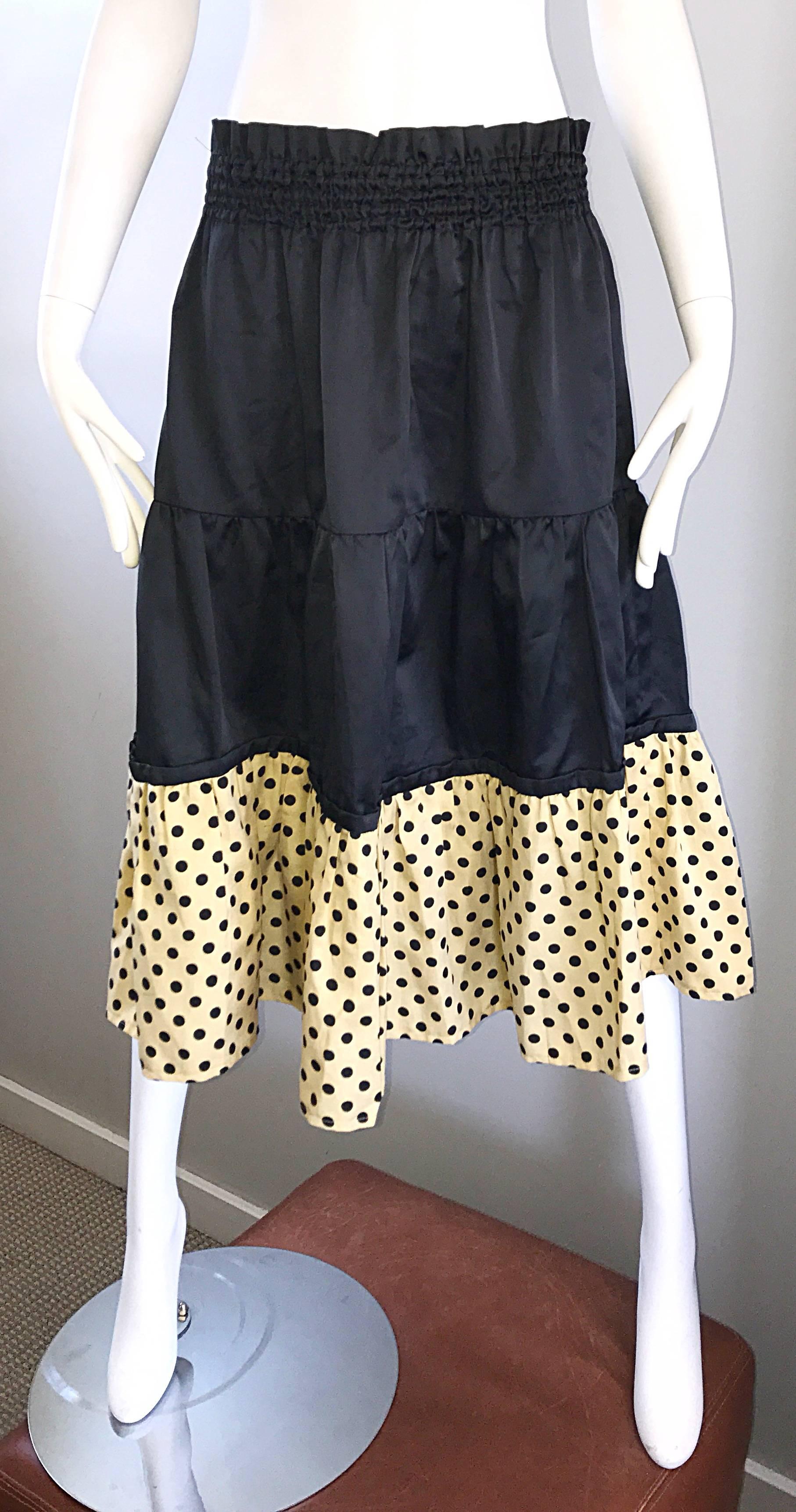 Women's 1970s Pierre Cardin Black Ivory Polka Dot Tiered Ruffle Vintage 70s Midi Skirt