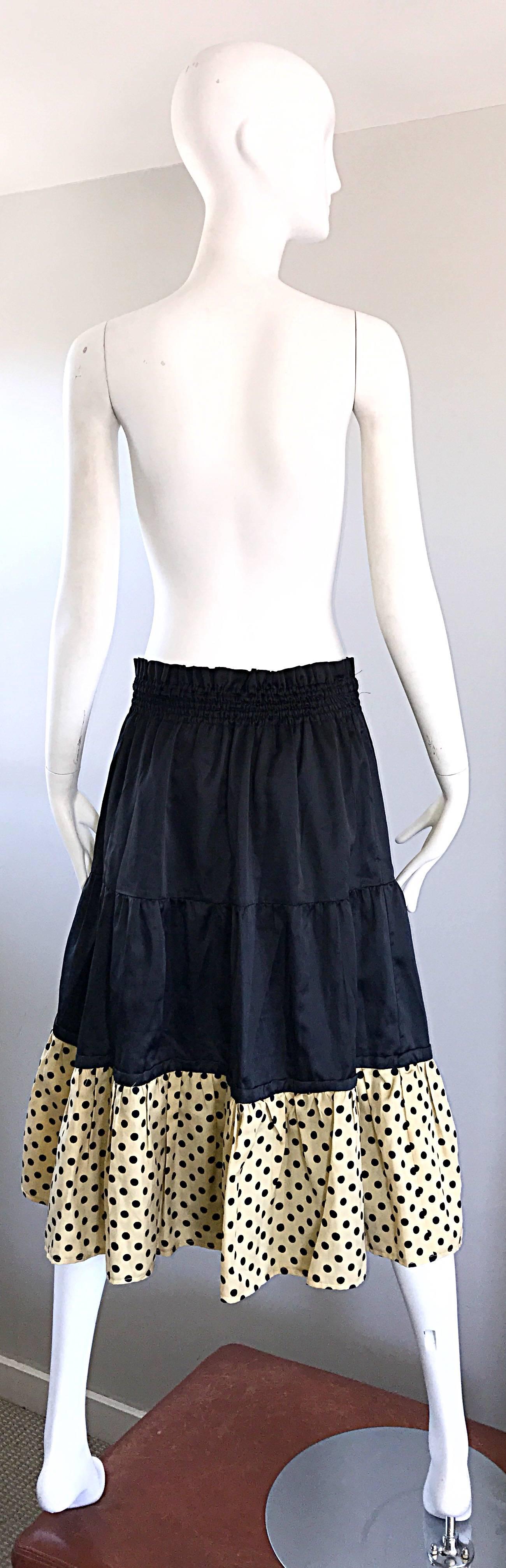 1970s Pierre Cardin Black Ivory Polka Dot Tiered Ruffle Vintage 70s Midi Skirt 1