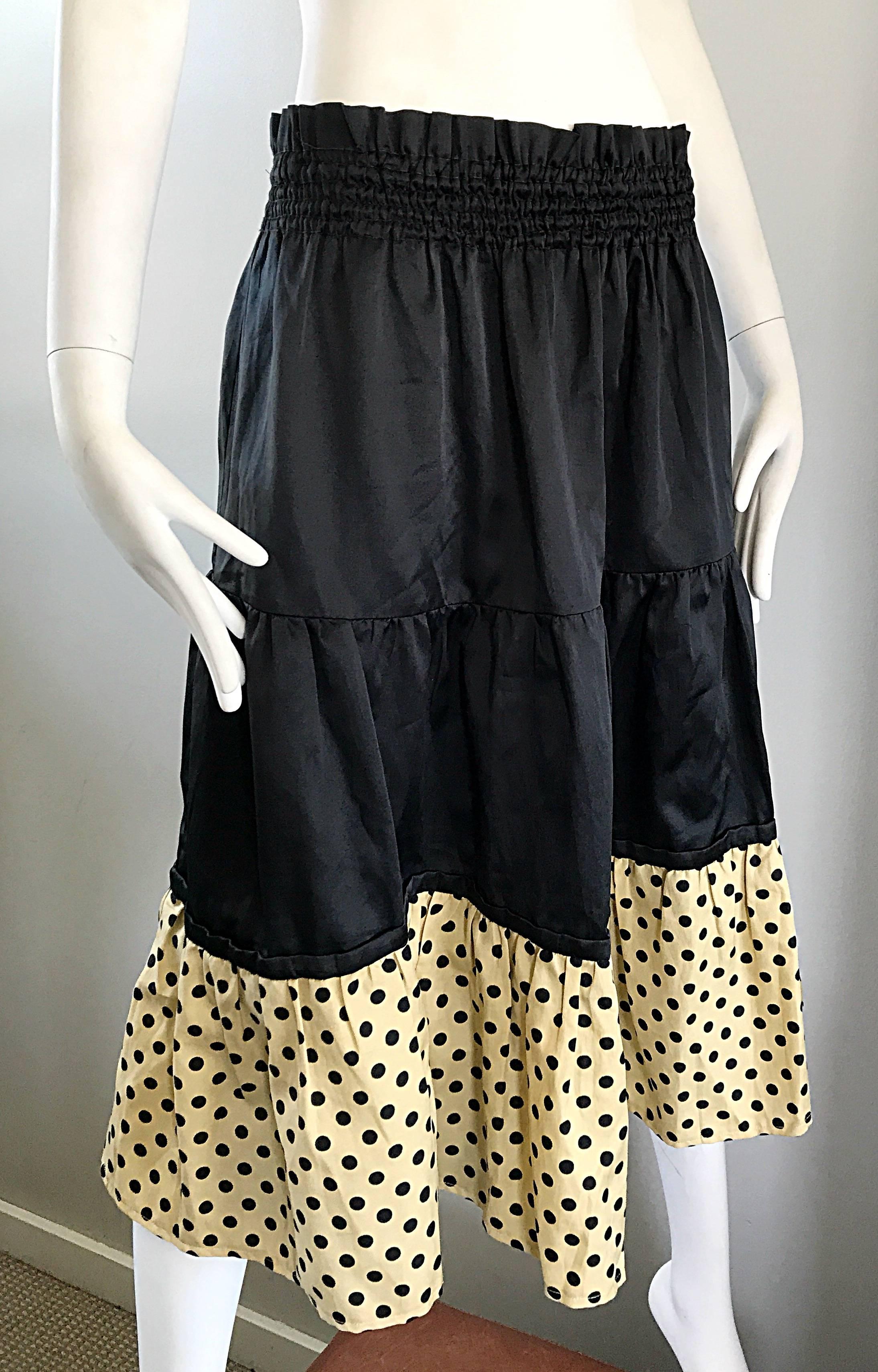 1970s Pierre Cardin Black Ivory Polka Dot Tiered Ruffle Vintage 70s Midi Skirt 2