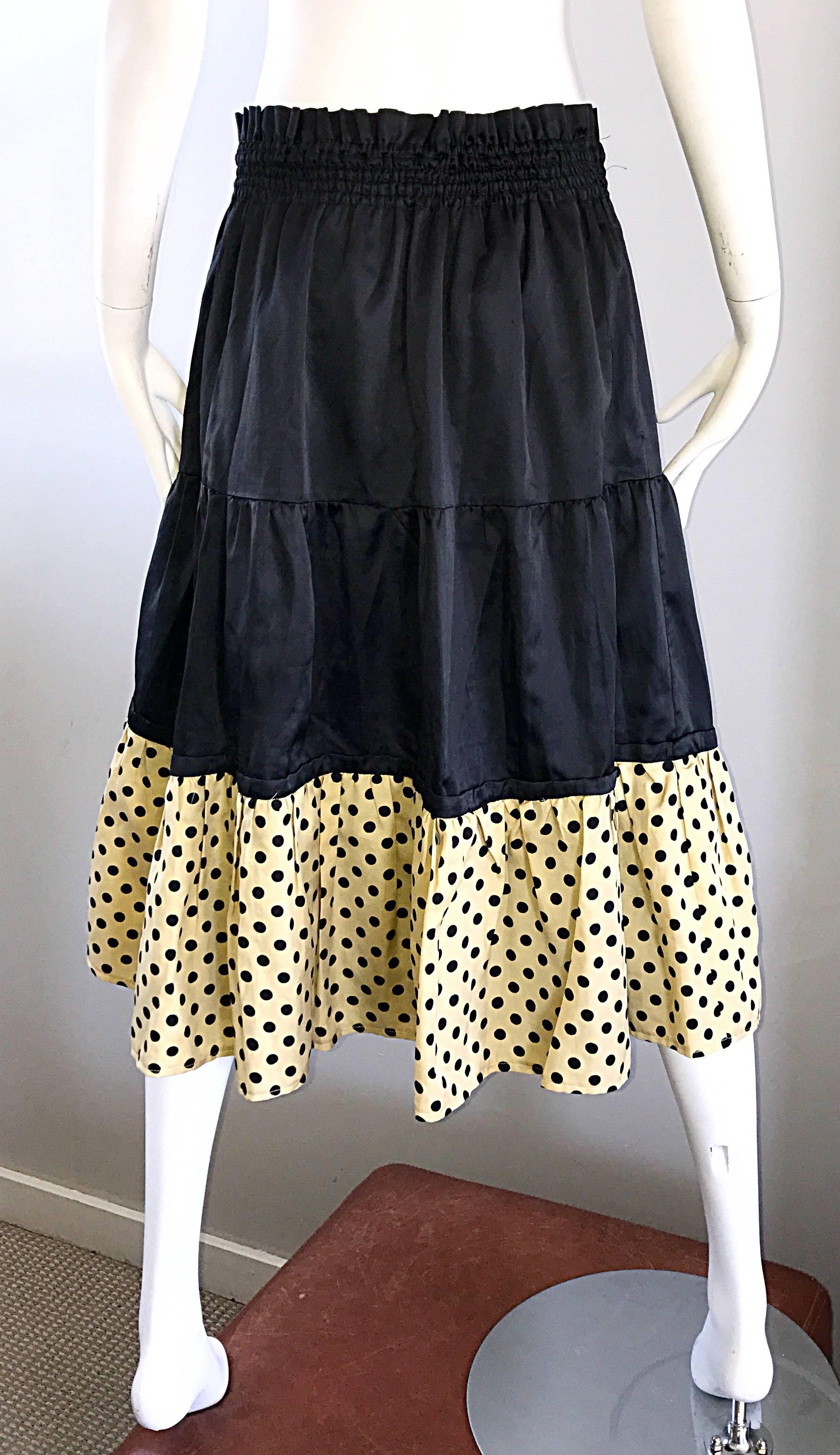 1970s Pierre Cardin Black Ivory Polka Dot Tiered Ruffle Vintage 70s Midi Skirt 3