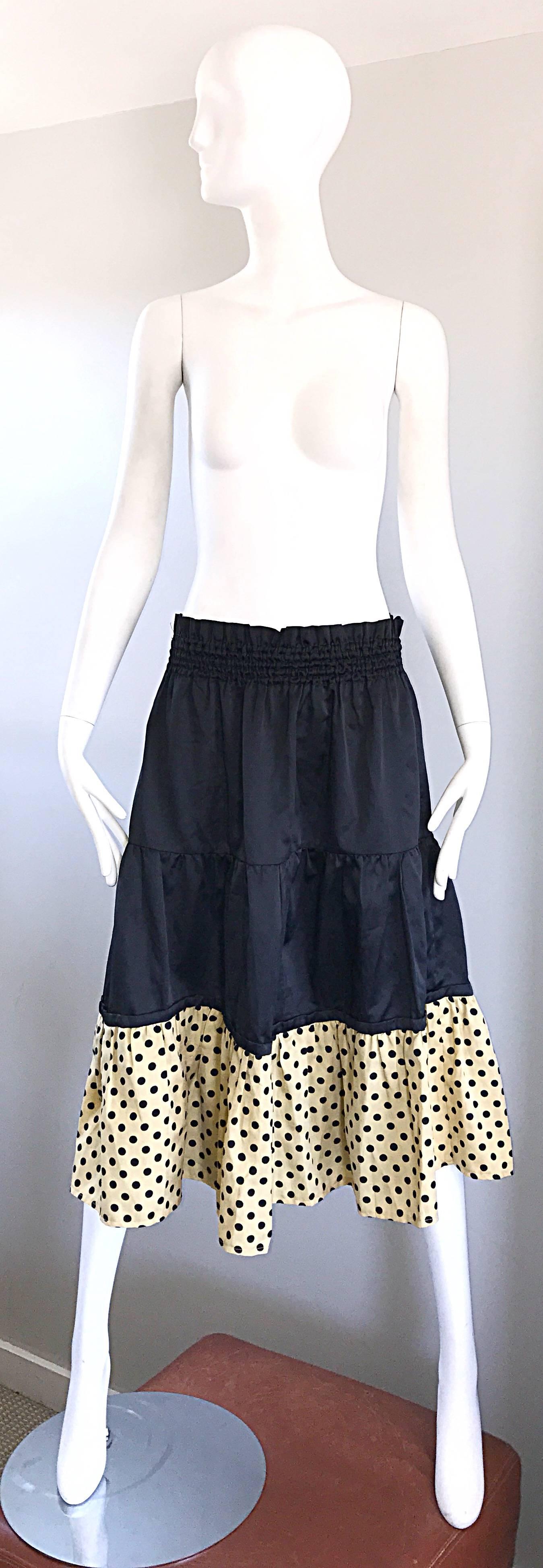 1970s Pierre Cardin Black Ivory Polka Dot Tiered Ruffle Vintage 70s Midi Skirt 4