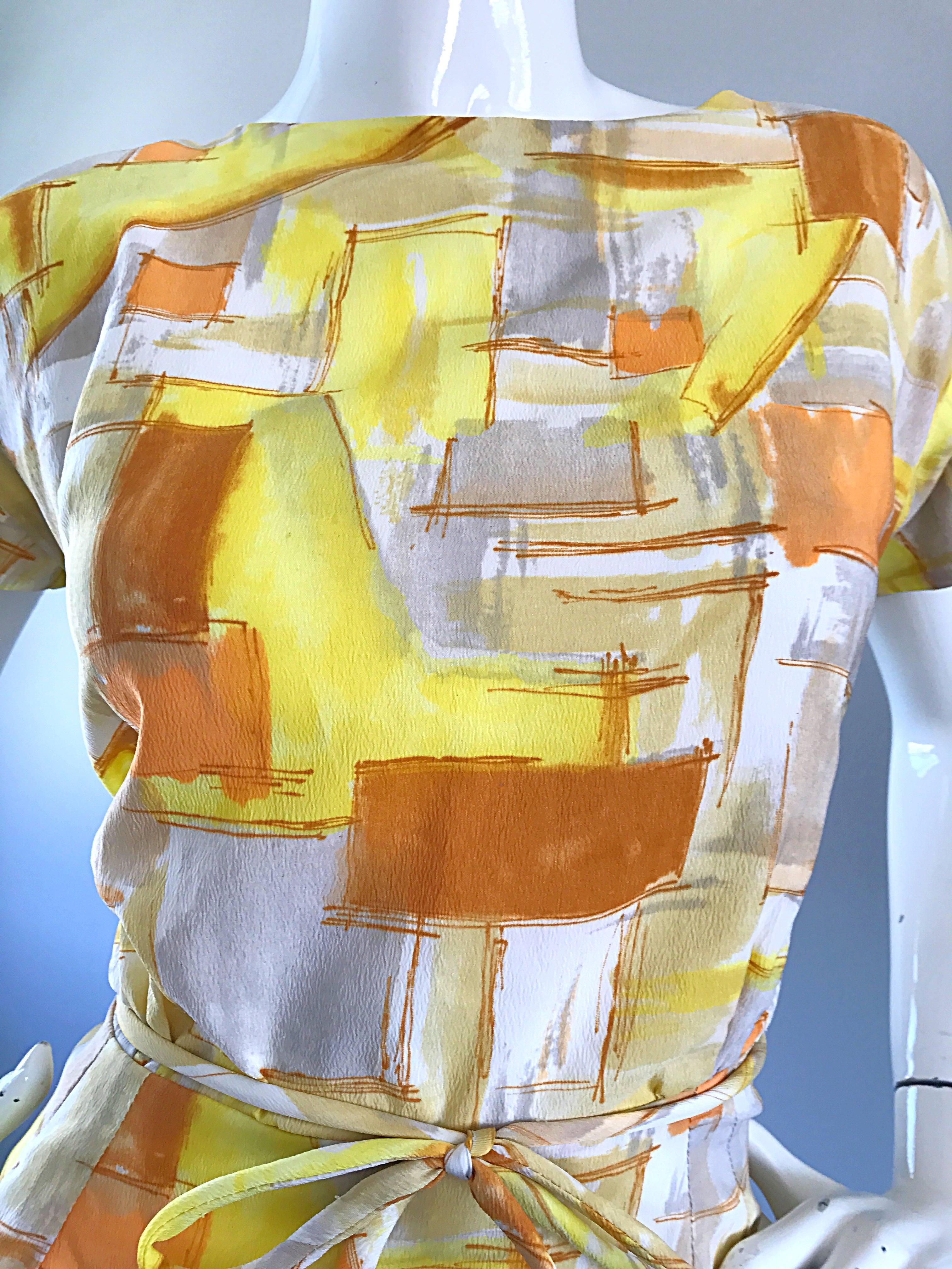 Chic 1960s Gelb + Orange + Weiß Kurzarm Gürtel Vintage 60s Mod Day Dress (Beige) im Angebot